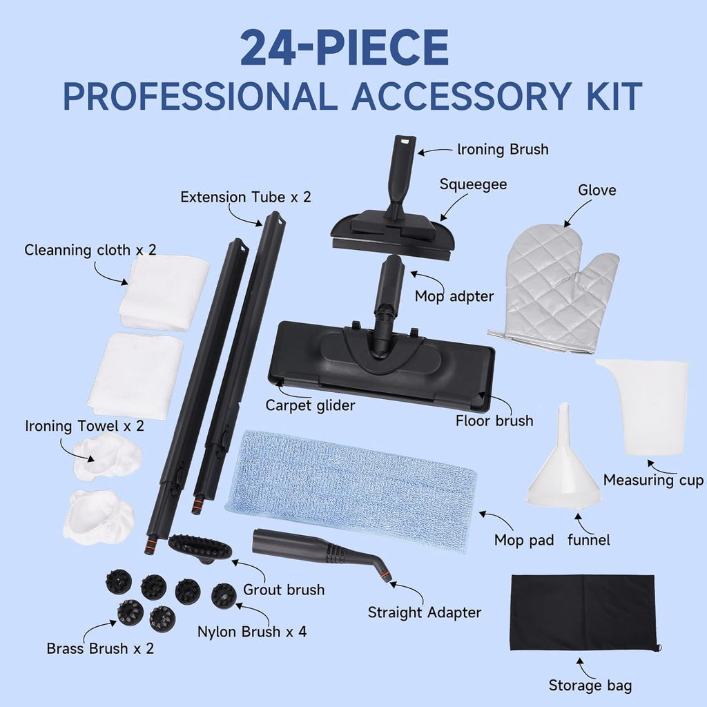 Steam Cleaner with 24-Piece Attachments, Multipurpose Steamer Mop for Home, Floor, Car, Grout, Tile, Furniture, Carpet, Couch, Window, Wall, Upholstery, Oven Grease, Canister, 1.5L Tank