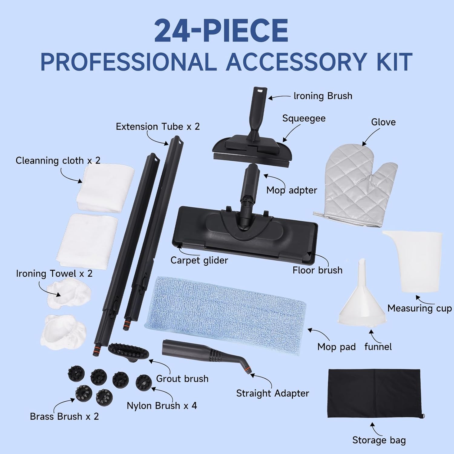 Steam Cleaner with 24-Piece Attachments, Multipurpose Steamer Mop for Home, Floor, Car, Grout, Tile, Furniture, Carpet, Couch, Window, Wall, Upholstery, Oven Grease, Canister, 1.5L Tank