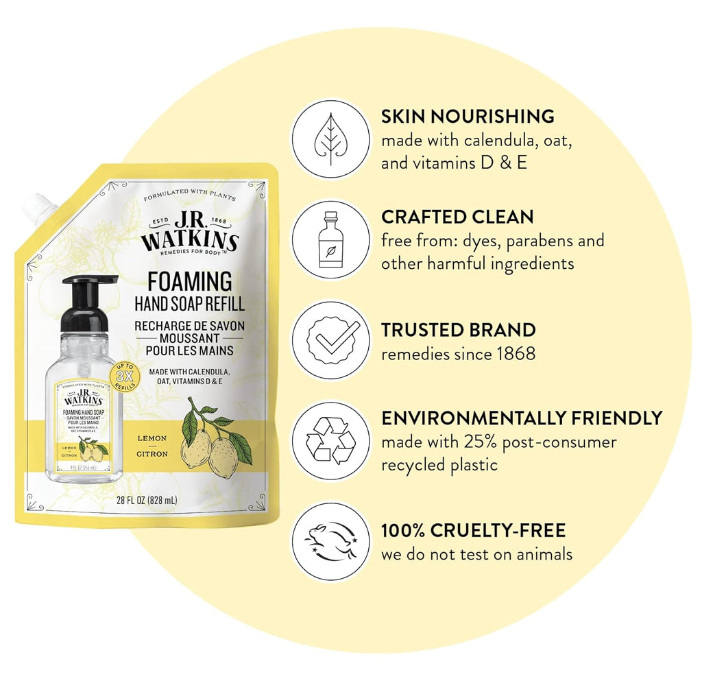 J.R. Watkins Foaming Hand Soap Refills, , Alcohol-Free Hand Wash, Cruelty-Free, , Moisturizing Hand Soap Refill for Bathroom or Kitchen, Lemon 28 fl oz Foam Soap Refill, 6 Pack