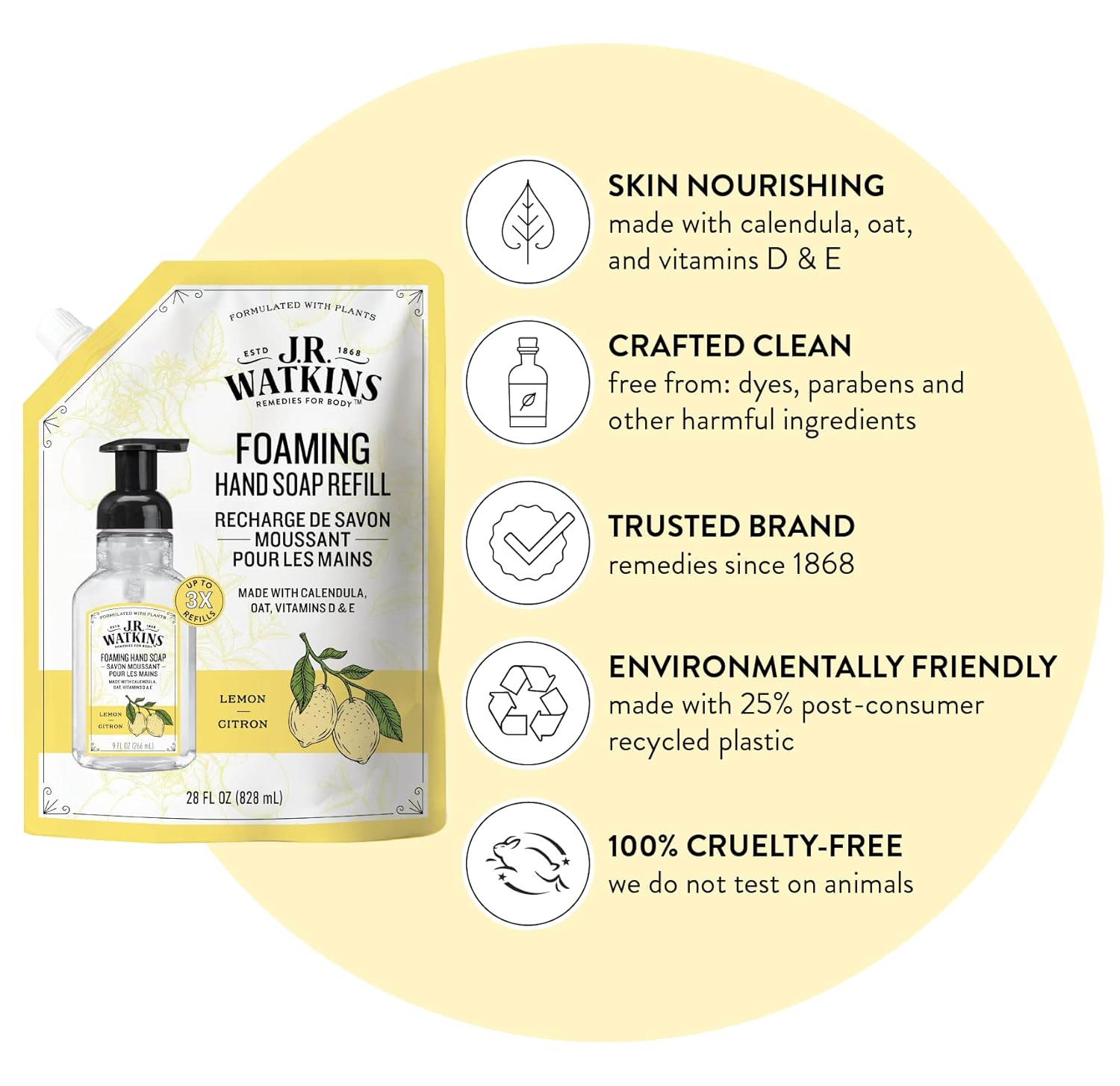 J.R. Watkins Foaming Hand Soap Refills, , Alcohol-Free Hand Wash, Cruelty-Free, , Moisturizing Hand Soap Refill for Bathroom or Kitchen, Lemon 28 fl oz Foam Soap Refill, 6 Pack