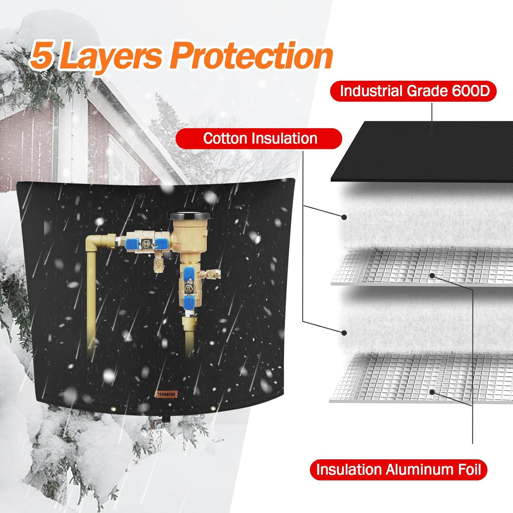 Backflow Preventer Pipe Insulation Cover (5°F) - Irrigation Sprinkler Valve Insulated Pouch - Water Well Pump Cover - Sturdy 5 Layers for Winter Freeze Protection, 36" W x 30" H, Black