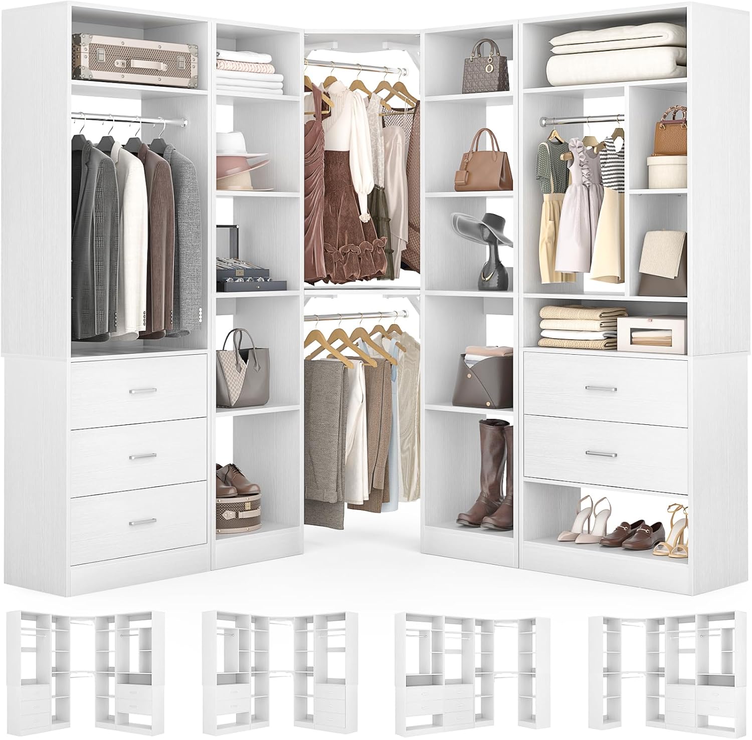 Corner Closet System with 5 Drawers, Closet Organizer System with 15+Shelvess & 4 Hanging Rods, 63.2"L * 63.2"W / 87.2"L * 39.2"W Reversible L Shaped Walk-in Closets, Load 2500+LBS, White