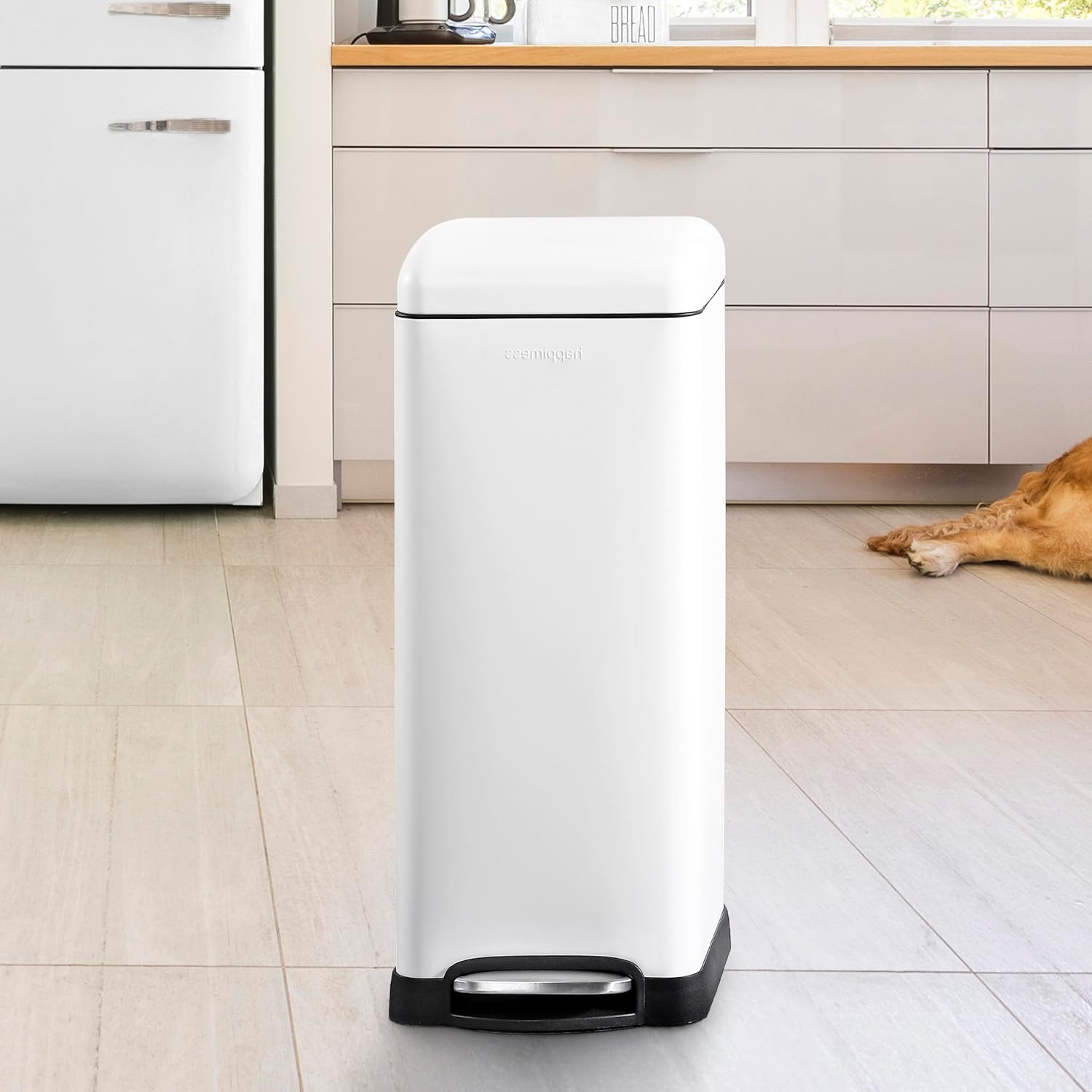 happimess HPM1007A Betty Retro 8-Gallon Step-Open Trash Can with Soft-Close Lid, Fingerprint Resistant, Modern, Minimalistic for Home, Kitchen, Laundry Room, Office, Bedroom, Bathroom, White