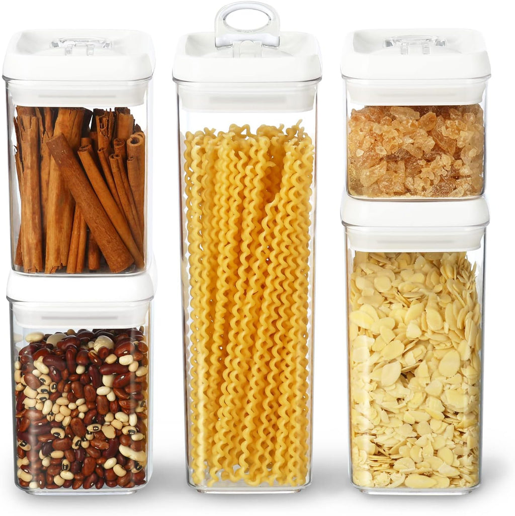 Felli Flip Tite Storage Container with Lid 4" Airtight Ring Seal Top, Stackable Acrylic Canister Jar Set for Kitchen Pantry Organizer, Food Spice Pasta Cereal Snack, Gifts for Women (5pk, Variety)