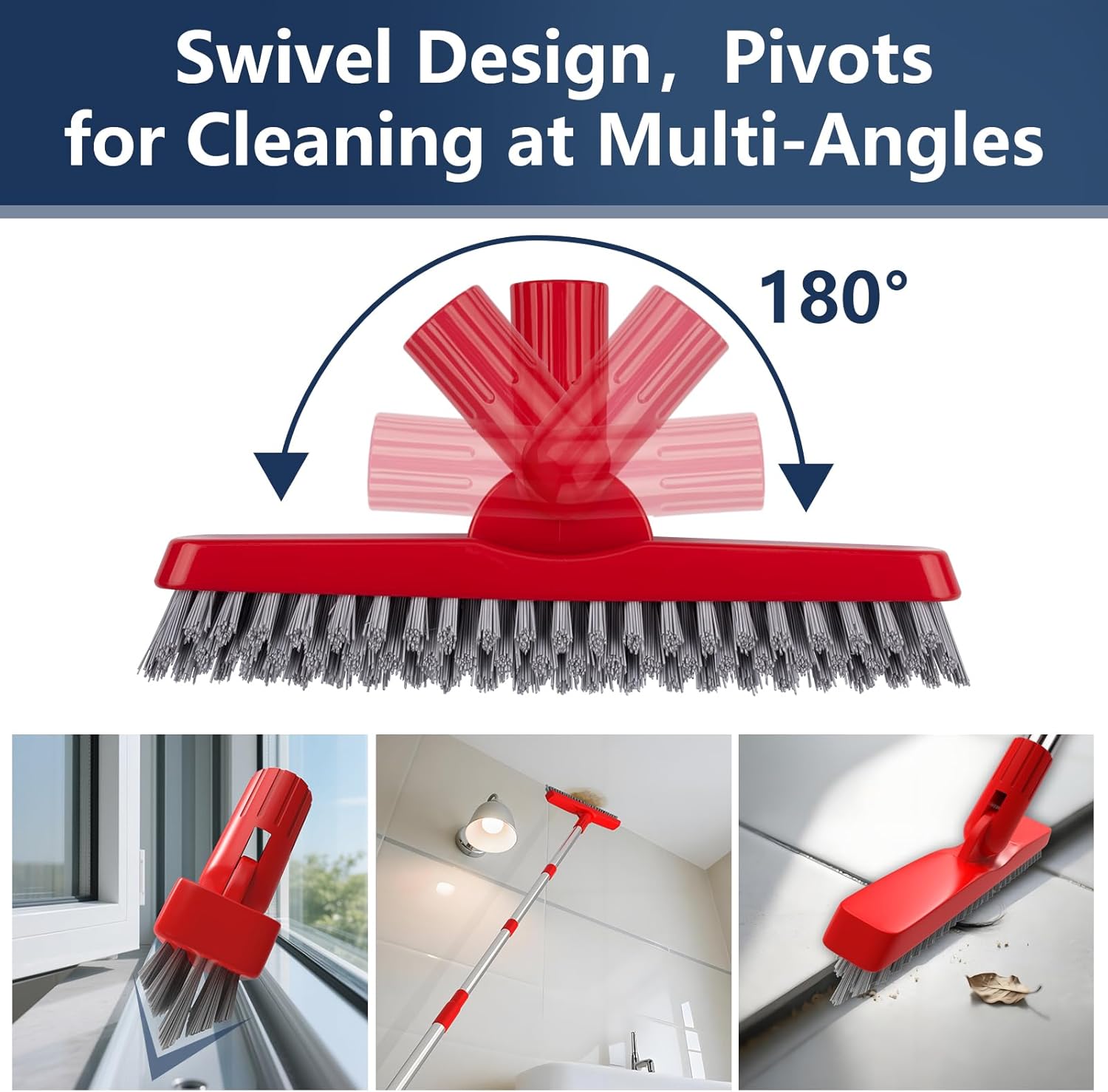 ITTAHO 2 Pack Grout Brush with Long Handle, Swivel Cleaning Grout Line Scrubber - Extendable Durable Handle Grout Cleaner Brush for Bathroom,Tile,Baseboard,Walk in Shower,Corner & Narrow Space (Red)