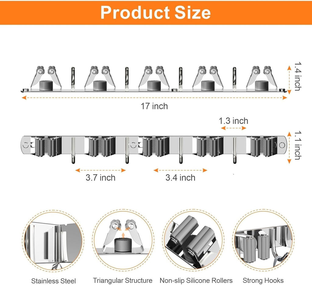 2 Pack Mop and Broom Holder Wall Mount, Non-slip Broom Hanger Wall Mount, Heavy Duty Mop Broom Organizer for Kitchen Garden Garage Laundry Room Wall Decor Organization and Storage Silver 5R4H