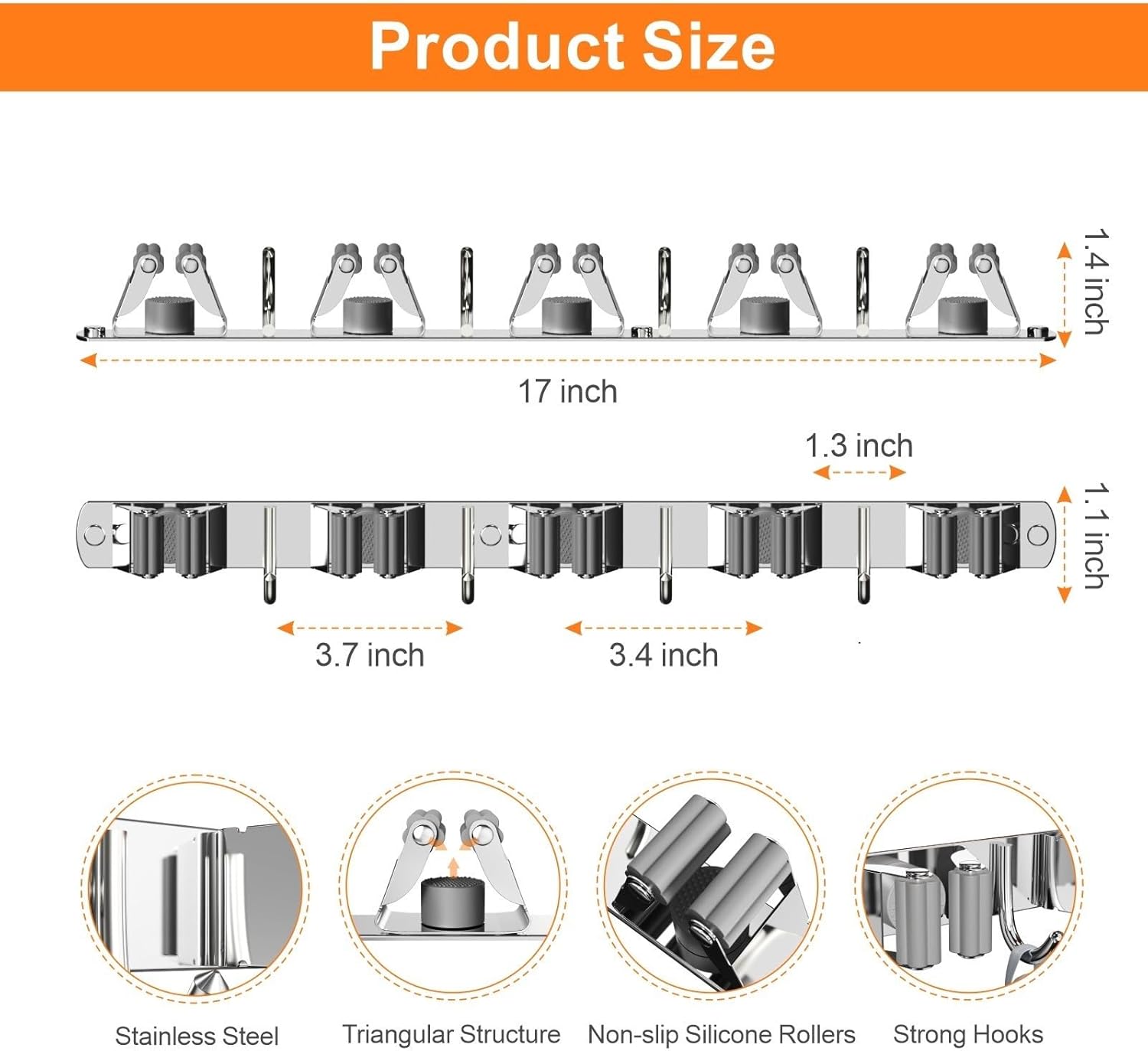 2 Pack Mop and Broom Holder Wall Mount, Non-slip Broom Hanger Wall Mount, Heavy Duty Mop Broom Organizer for Kitchen Garden Garage Laundry Room Wall Decor Organization and Storage Silver 5R4H