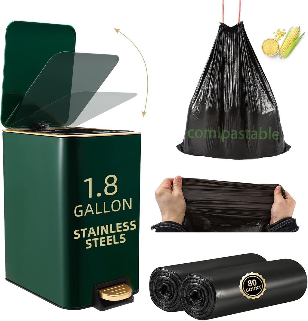 Small Bathroom Trash Can with Lid Soft Close, 1.8 Gallon Stainless Steel Garbage Can with Removable Inner Bucket,80Count Trash Bags, Slim Step Pedal Trash Bins