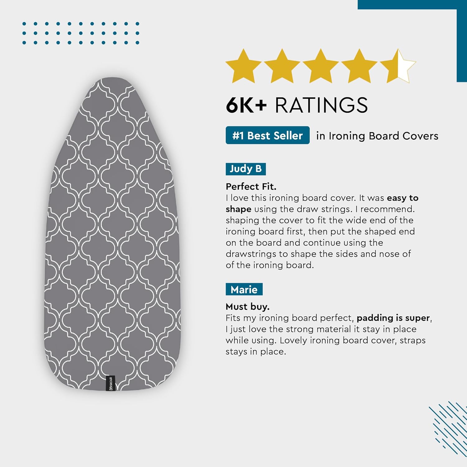 Encasa XO Ironing Board Cover and Pad 54"x15" - Thick 3mm Felt Padding, Drawstring Tightening & Lock, Easy Fit, Scorch & Stain Resistant, Fits Standard Large Ironing Board - Blue Moon