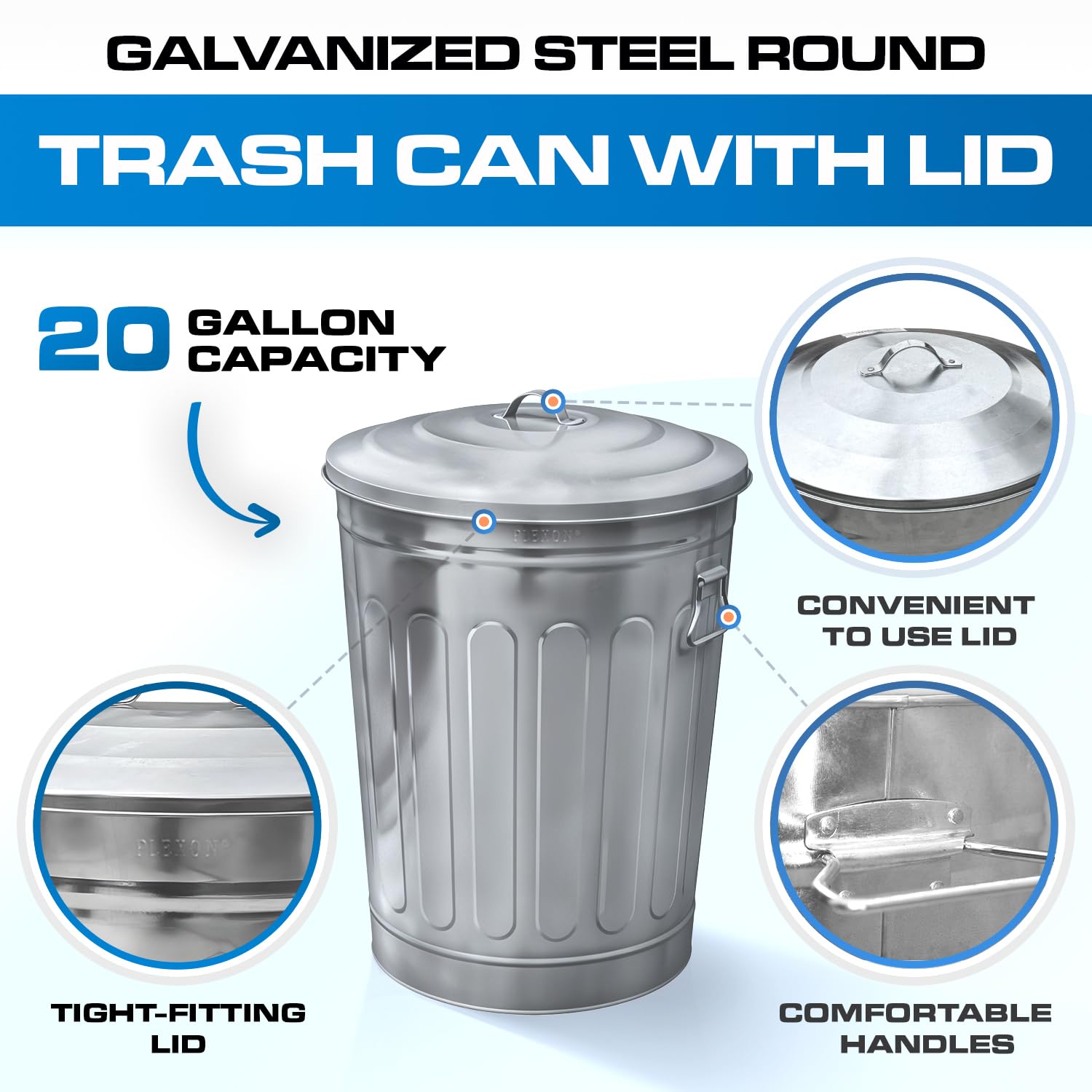 Plexon Round Trash Can 13 Gallon, Vintage Metal Outdoor Trash Can with Lid, Retro Farmhouse Garbage Container, Old School Modern Ash Bucket, Galvanized Steel 3 Pack