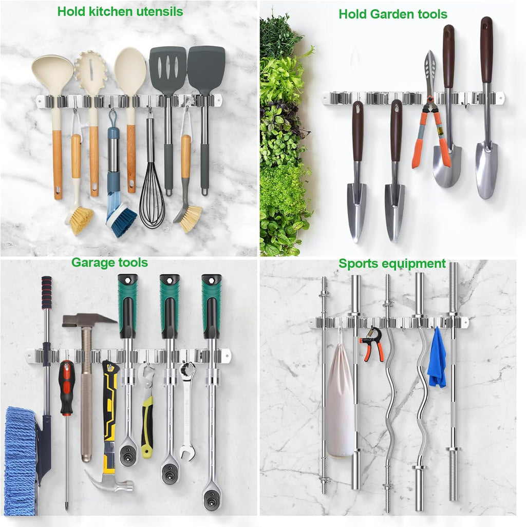 voze 5 Racks and 4 Hooks Mop and Broom Holder Wall Mount, Self Adhesive Heavy Duty Broom Hanger Organizer Storage Tool Racks for Kitchen Garden Laundry Garage