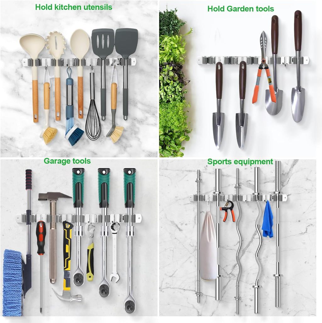 voze 3 Racks and 4 Hooks Mop and Broom Holder Wall Mount, Self Adhesive Heavy Duty Broom Organizer Storage Tool Racks for Kitchen Garden Laundry Garage