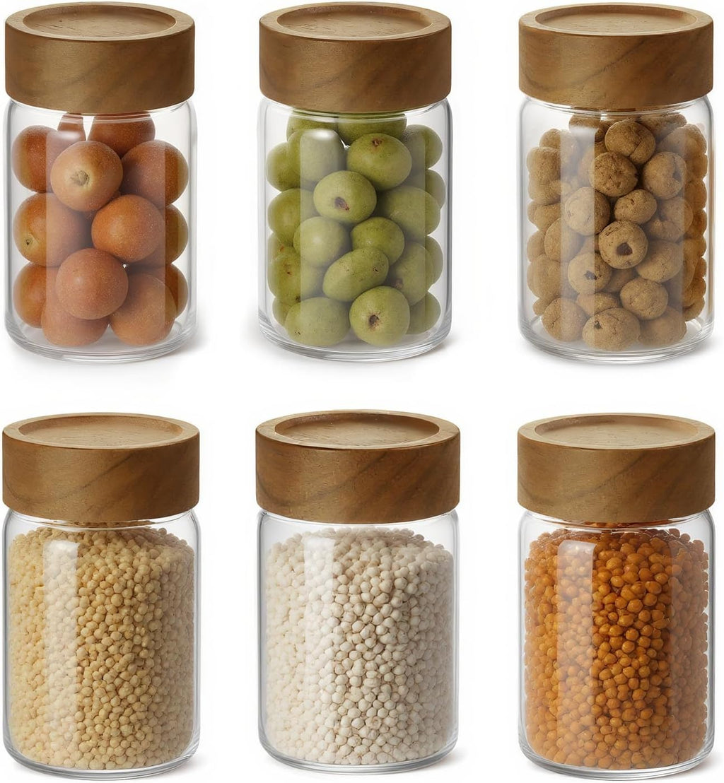 6pc Glass Mason Jars with Acacia Wood Airtight Lids - Overnight Oats & Food Storage Container Set, Clear Stackable Leakproof Kitchen Canisters for Meal Prep/Snack Organization/Spice Storage