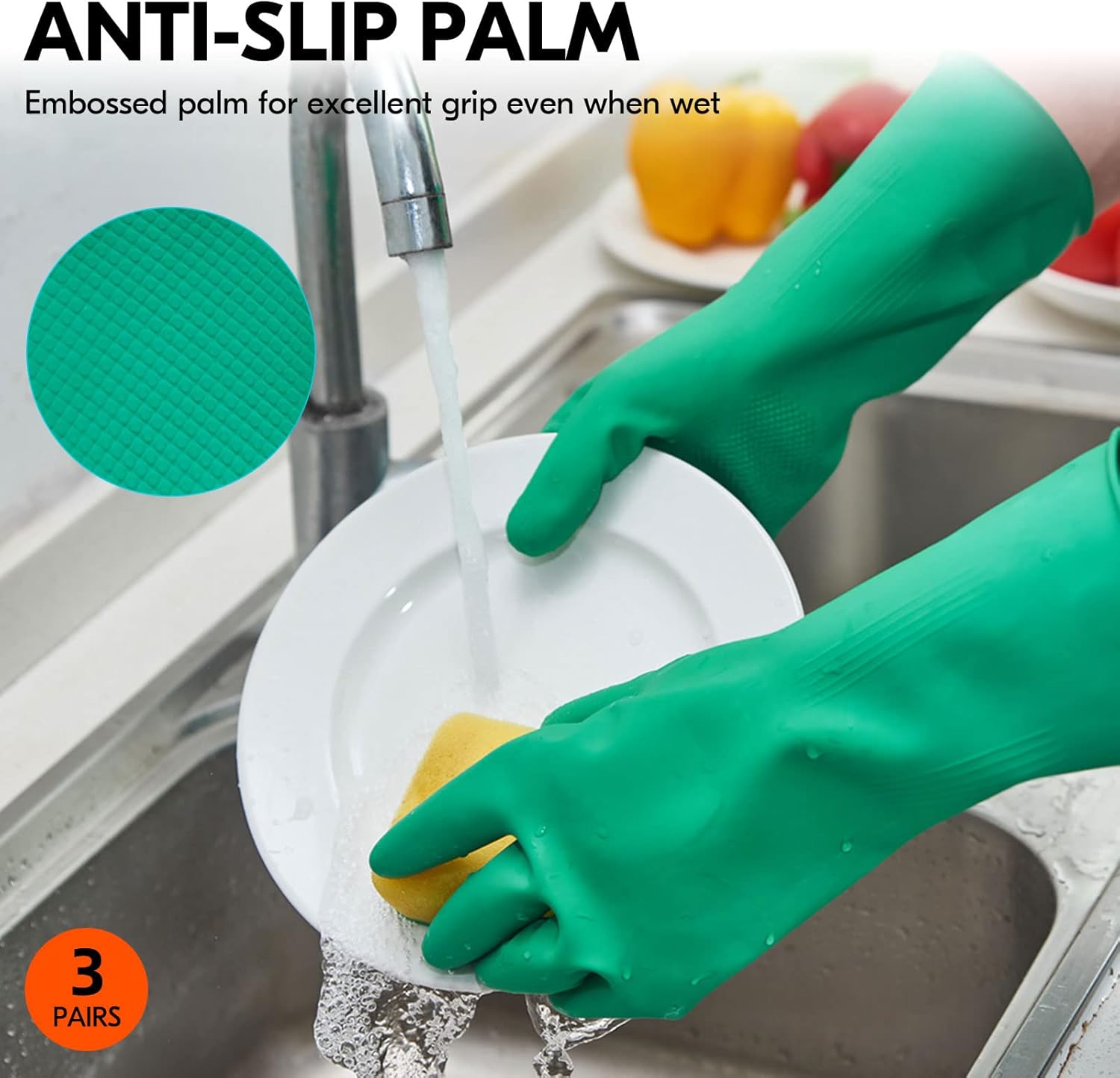 Vgo... 3-Pairs Reusable Household Gloves, Rubber Dishwashing gloves, Extra Thickness, Long Sleeves, Kitchen Cleaning, Working, Painting, Gardening, Pet Care (Size L, Green, HH4601)