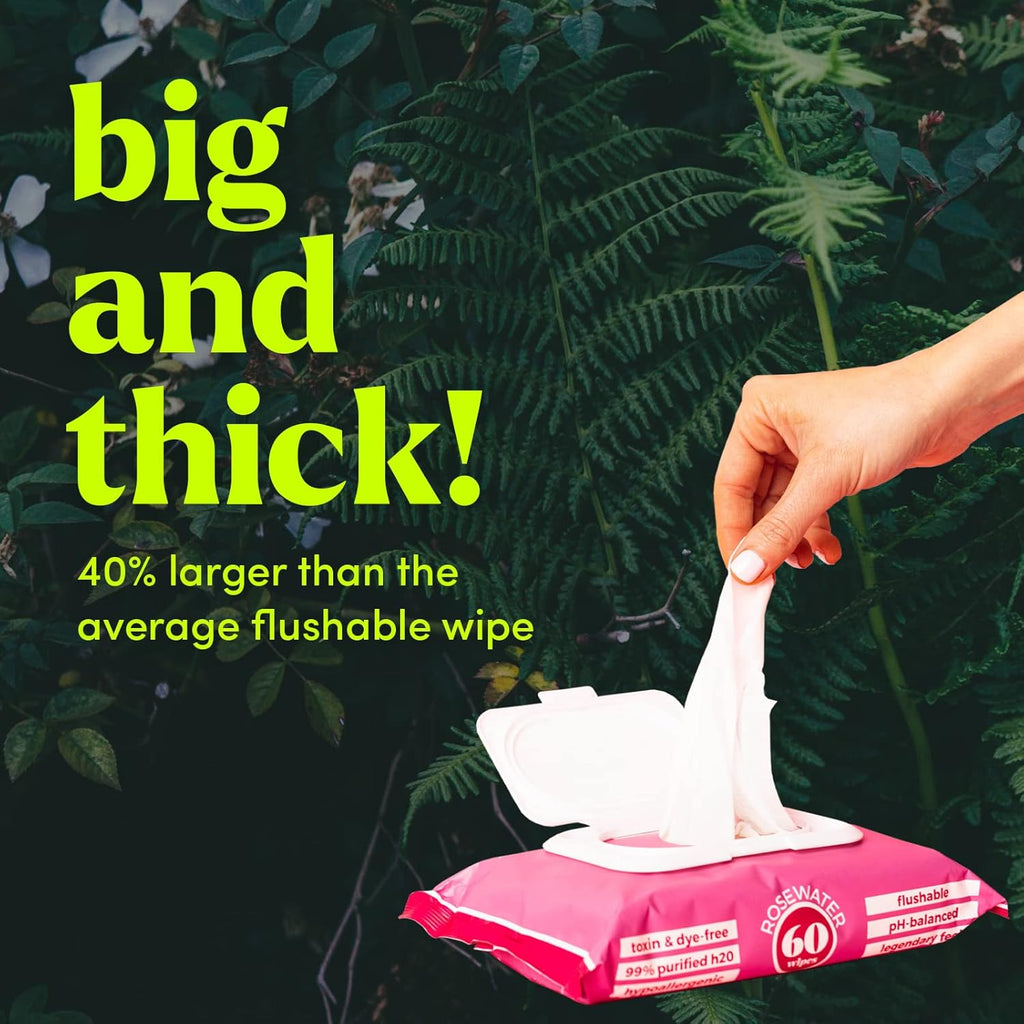Goodwipes Flushable Wipes – Made with Vitamin E & Aloe – Soft, Individually Wrapped Butt & Feminine Cloths for On-the-Go & Travel Use – Largest Adult Toilet Towelettes – Rosewater, 1 pack, 32 count