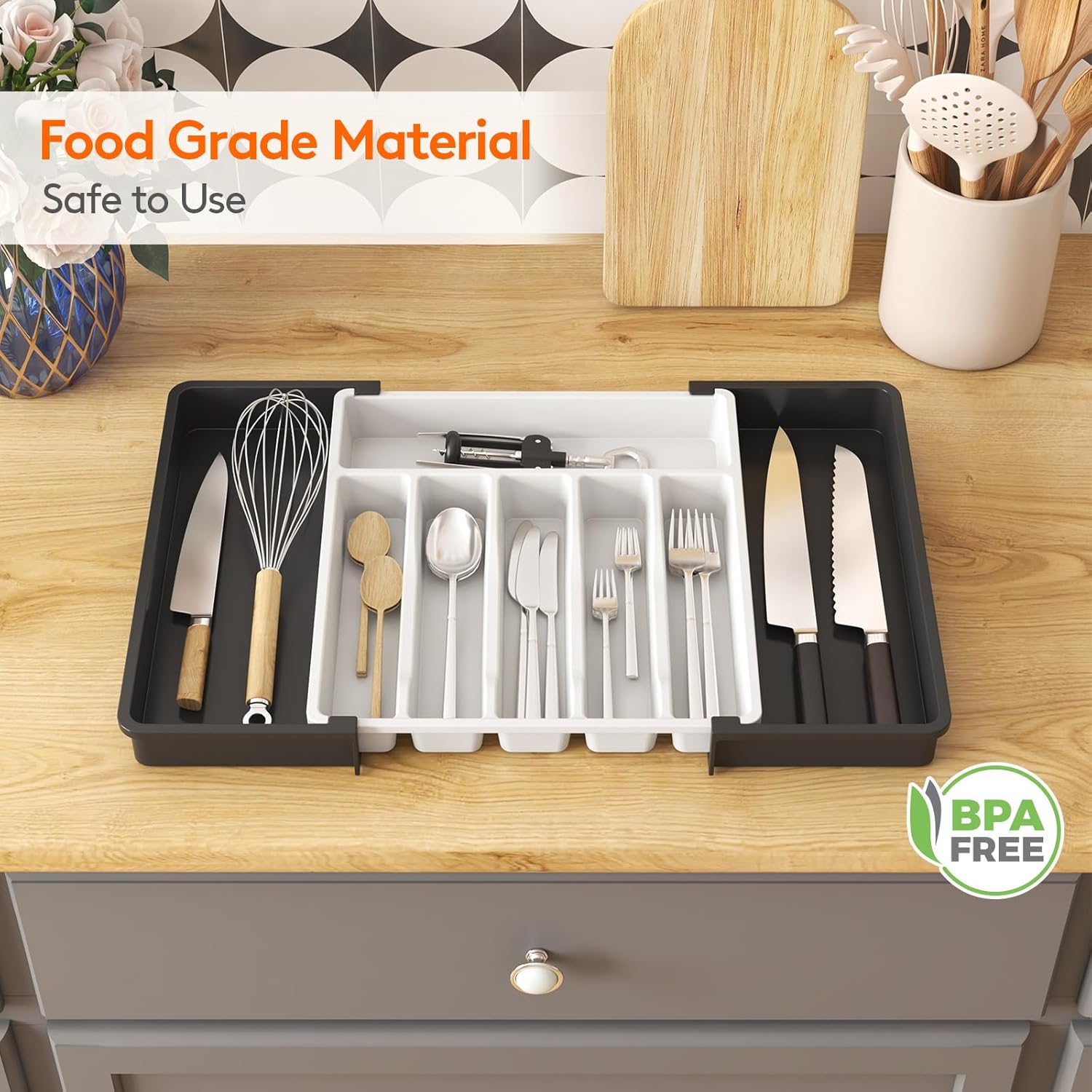 Lifewit Silverware Drawer Organizer, Expandable Utensil Tray for Kitchen, BPA Free Flatware and Cutlery Holder, Adjustable Plastic Storage for Spoons Forks Knives, Large, White&Black