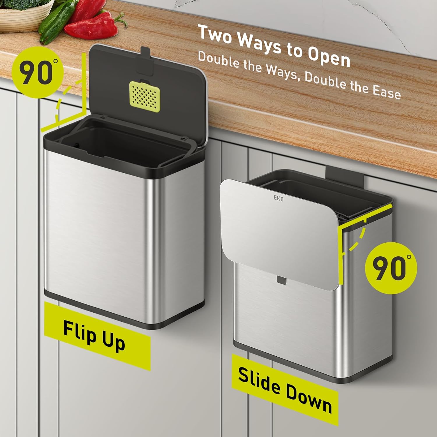 EKO Kitchen Compost Bin, 7L / 1.85 Gal Stainless Steel with Removable Inner Bucket and Deodorizer Compartment, 2-in-1 Countertop Compost Bin with Lid, Food Waste Caddy for Kitchen (MMT & Black Finish)