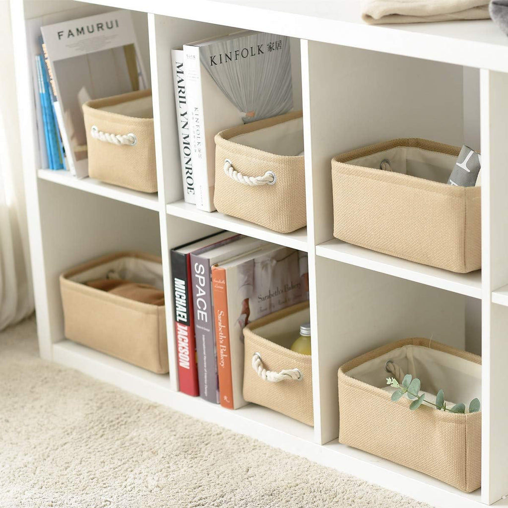 TheWarmHome Storage Basket for Organizing - Small 6 Pack 11.8x7.8x5.2 inch Fabric Storage Cubes with Cotton Rope Handle, Collapsible Storage Bins Baby Storage Toy Nursery (Beige)