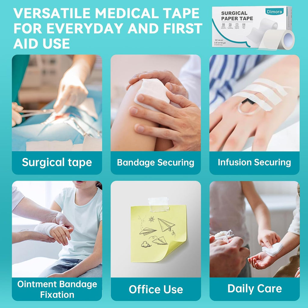 Dimora Soft Paper Surgical Tape 8 Rolls- Hypoallergenic Medical Tape for Sensitive Skin，Breathable First Aid Wound Tape with Pain-Free Removal, Secures Dressing and Medical Devices -2" x 10 Yards