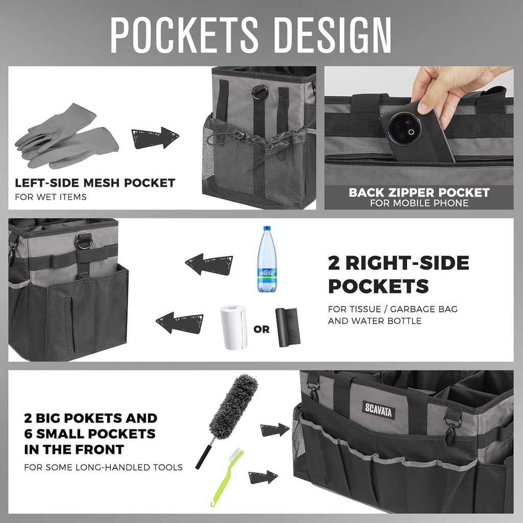 Wearable Cleaning Caddy Bag, Cleaning Caddy Supplies Organizer with Handle & Shoulder Straps for Housekeepers, Under Sink & Car Cleaning Tool Organizers with 4 Foldable Divider (DarkGrey)