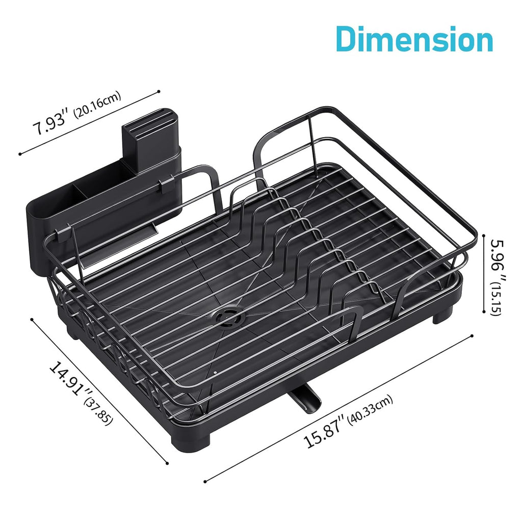 Dish Drying Rack for Kitchen Counter, Multifunctional Dish Drainer Rack, Kitchen Dish Rack, Sink Dishes Strainer, Plate Rack with Drain Board, Cup Holder, and Cutlery Holder,Medium Size Black