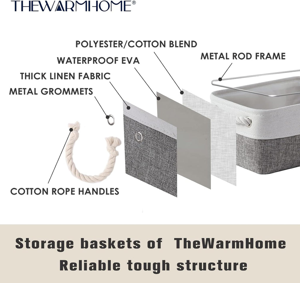 TheWarmHome Small Storage Baskets for Organizing,Storage Baskets for Shelves,Small Fabric Storage Bins W/Handles For Closet Nursery Toy Decorative Foldable (White&Grey, 11.8L*7.9W*5.2H-6 Pack)