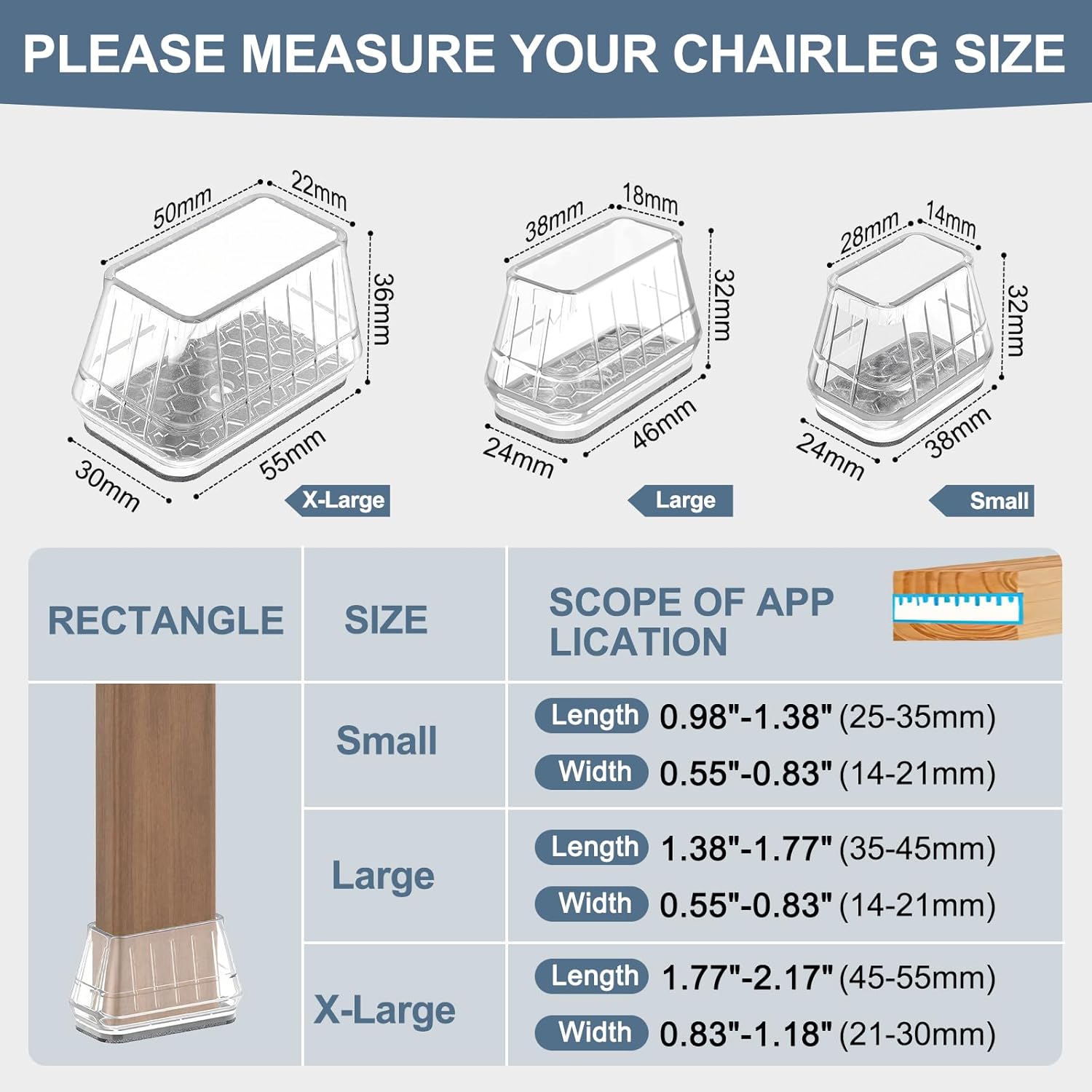 24PCS Rectangular Chair Leg Floor Protectors for Hardwood Floors, Thicken Rubber Chair Leg Cap Covers, Non Slip Furniture Leg Pads to Protect Wood Tile Floors from Scratches and Reduce Noise