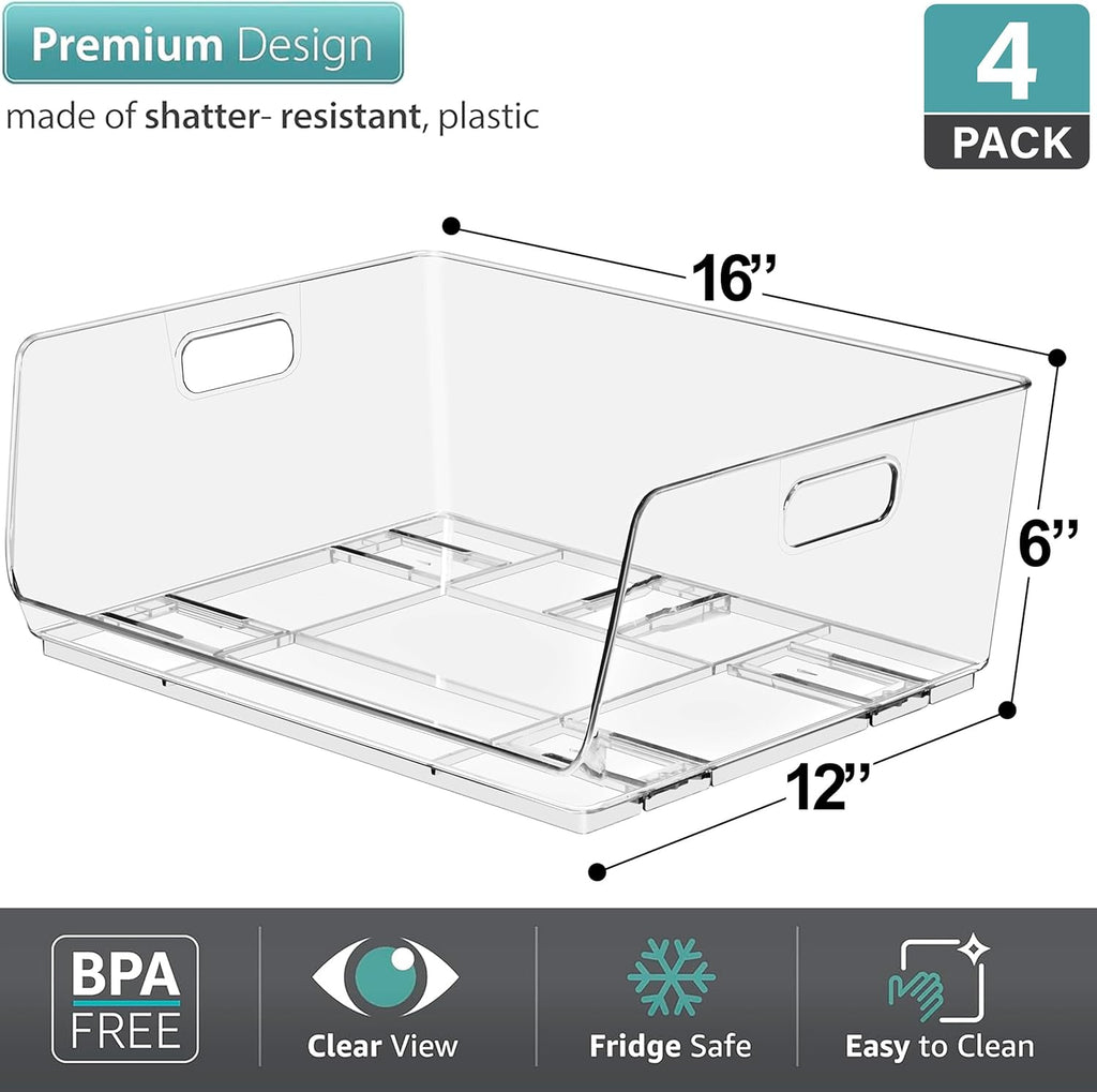 Sorbus Stackable Storage Bins Open Front - Pantry Bins for Storage and Organization - Acrylic Stackable Bins for Kitchen - Clear Pantry Organizer Bin (Large 4 Pack)