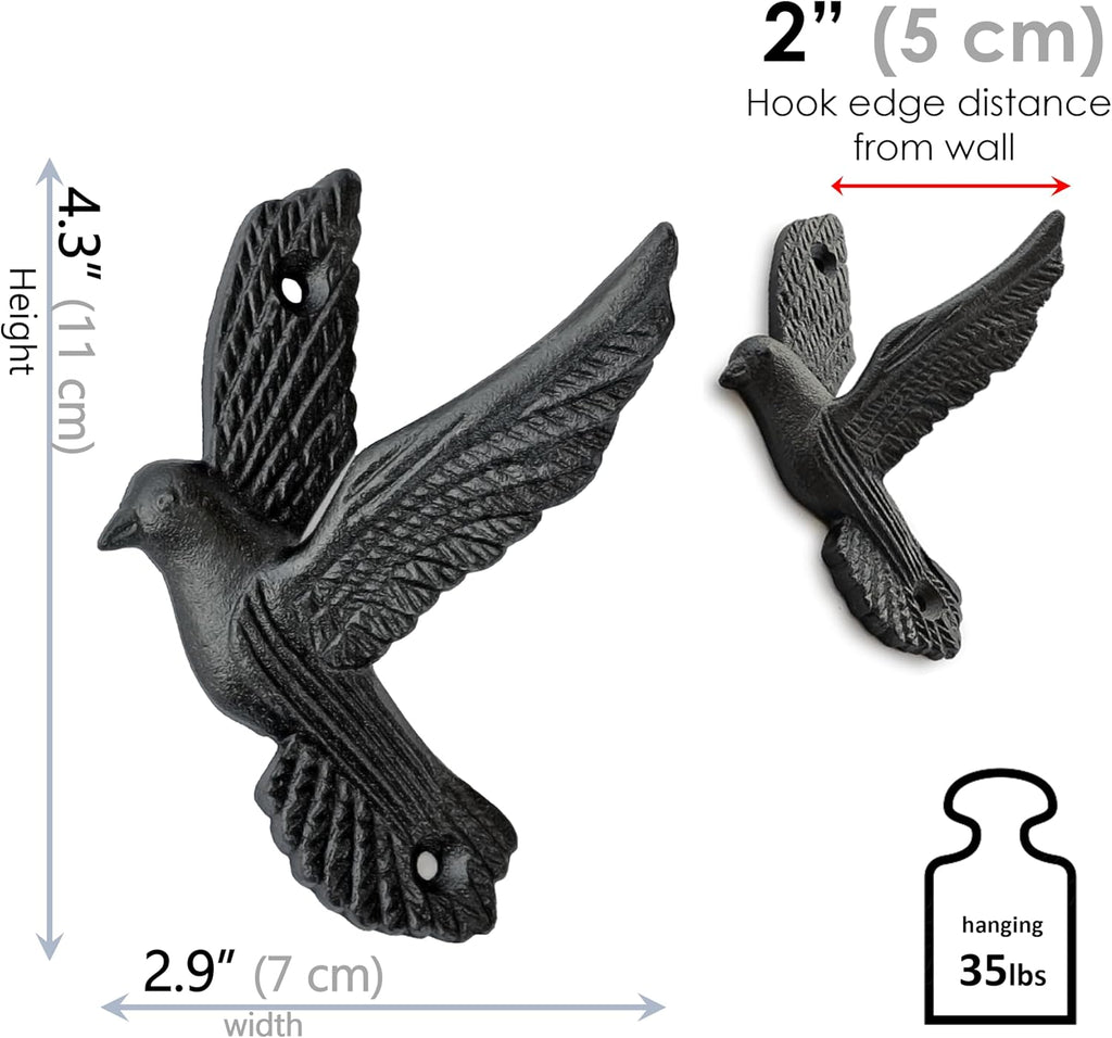 Ambipolar Flying Style Iron Cast Decorative Pigeon Bird Wall Mounted Coat Hooks, 5 Pieces, Black