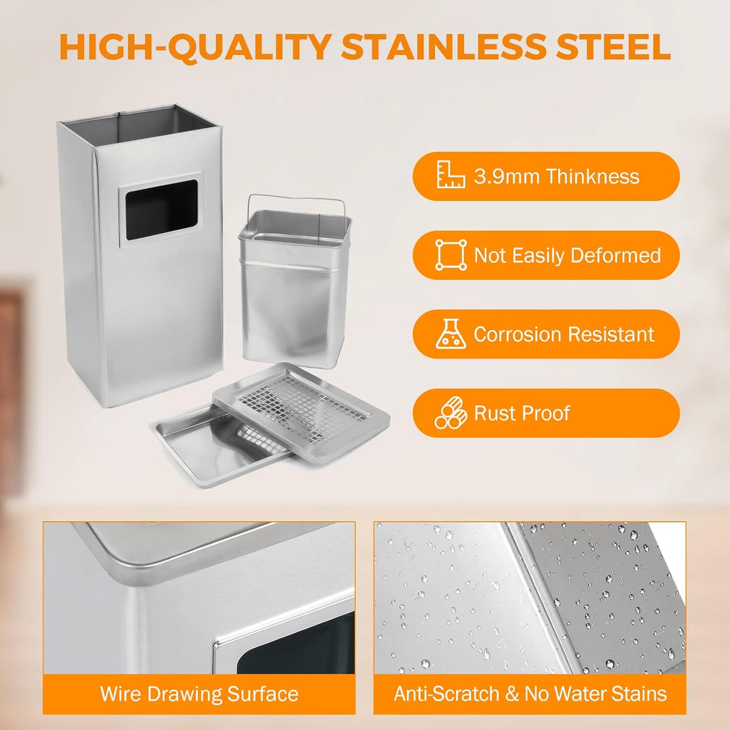 BEAMNOVA Trash Can Indoor Outdoor Metal Stainless Steel Commercial Garbage Can Industrial Garbage Enclosure Inside Cabinet with Lid Waste Container, Color Metallic, 31*25*61 cm / 12.2*9.8*24 in