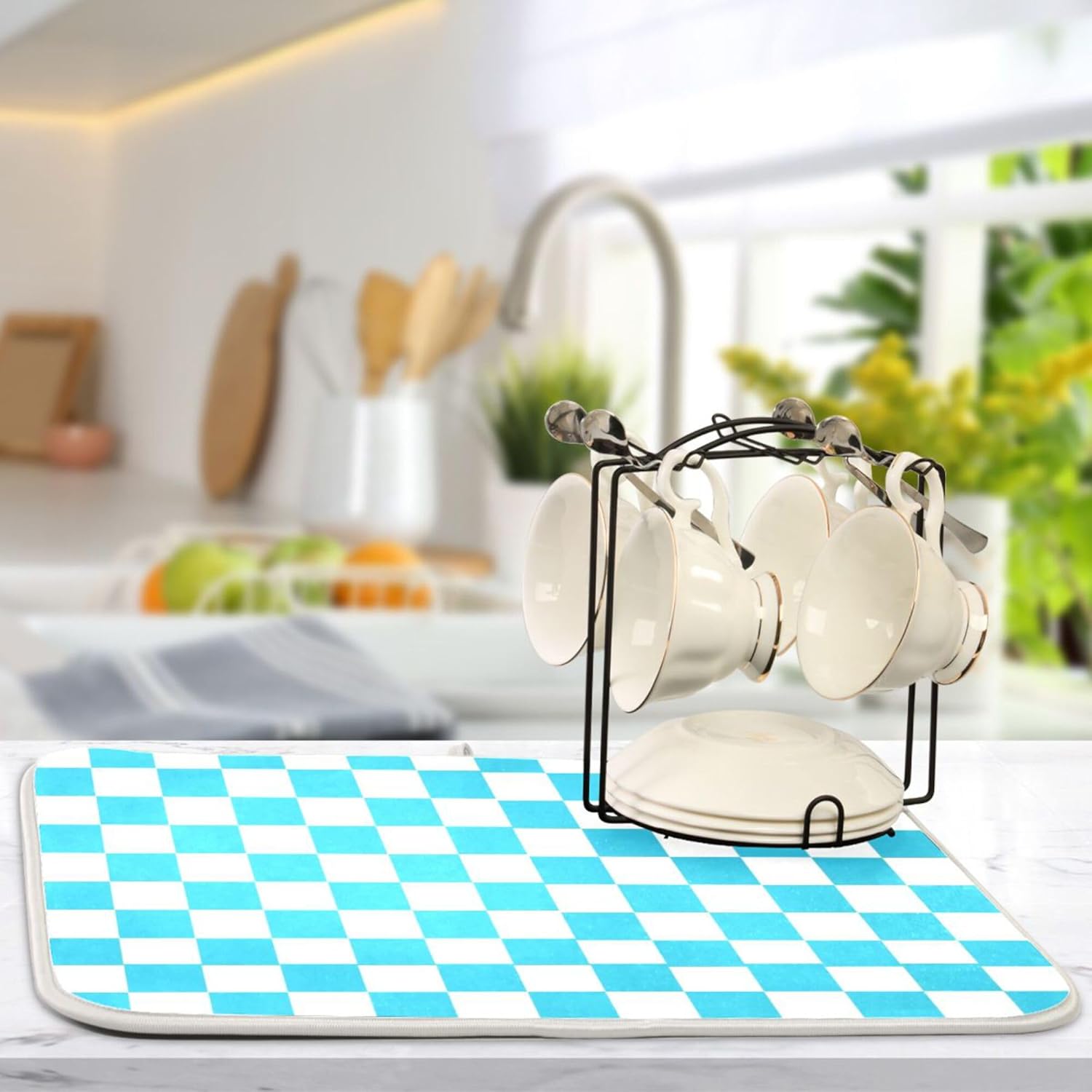 Turquoise Chessboard Dish Drying Mat for Kitchen Countertop 16x18 Teal Plaid Checkered Rectangle Small Drying Mat Reusable Quick Dry Dish Sink Absorbent Mats Easy Clean Decorative Home Essentials