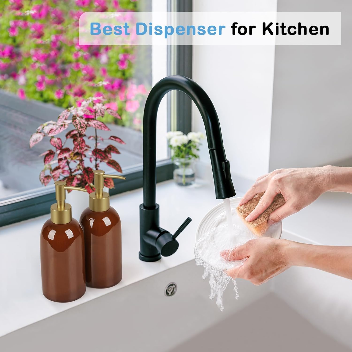 Natheeph 14OZ Ceramic Soap Dispenser Ceramic Soap Pump Dispenser Can Fill Liquid for Bathroom/Kitchen (2PC Brown)