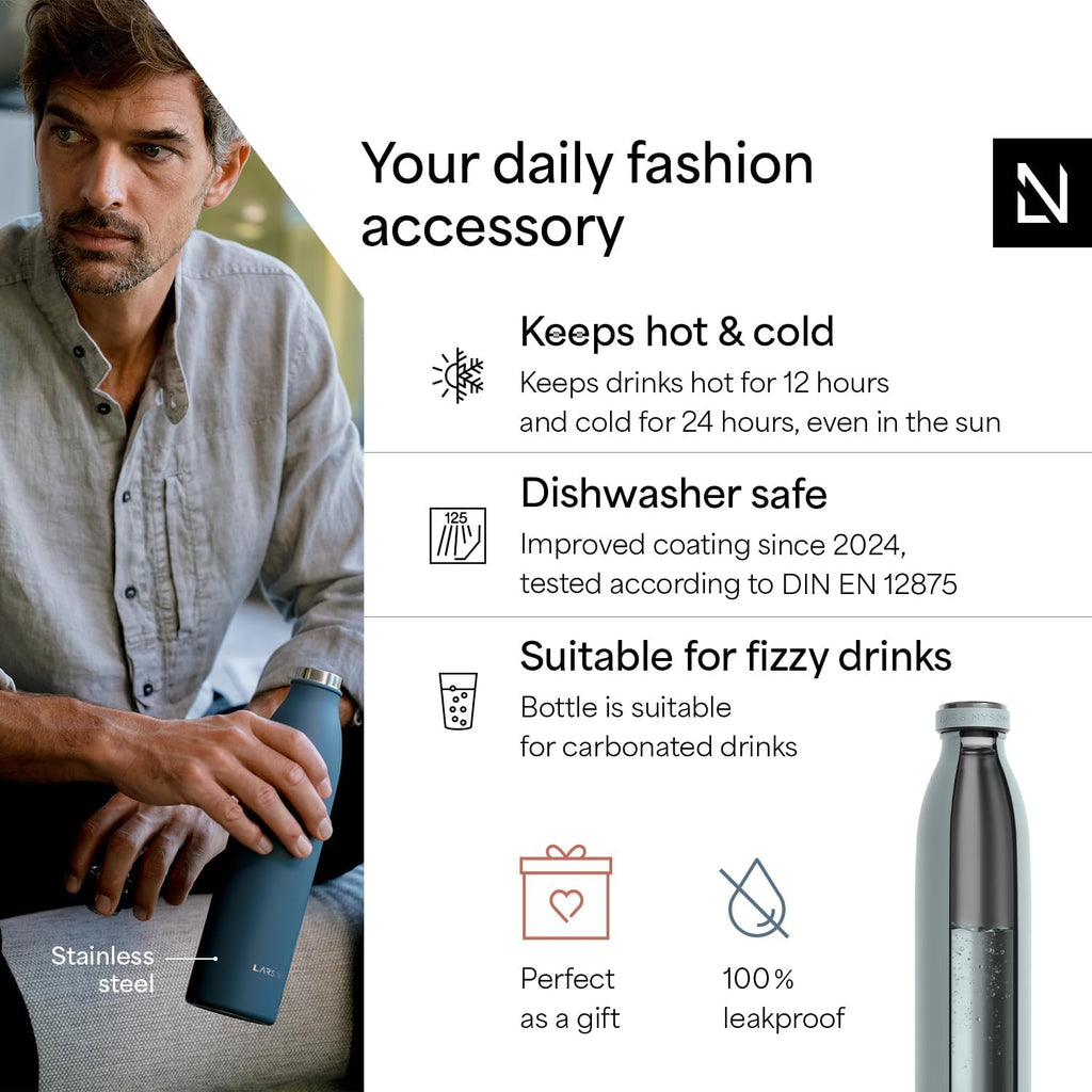 LARS NYSØM Stainless Steel Insulated Water Bottle 12oz 17oz 25oz 34oz 51oz | Insulated Thermo Flask for Hot and Cold Beverages | Leakproof Drinking Bottle (Sky Blue, 33.9 oz)