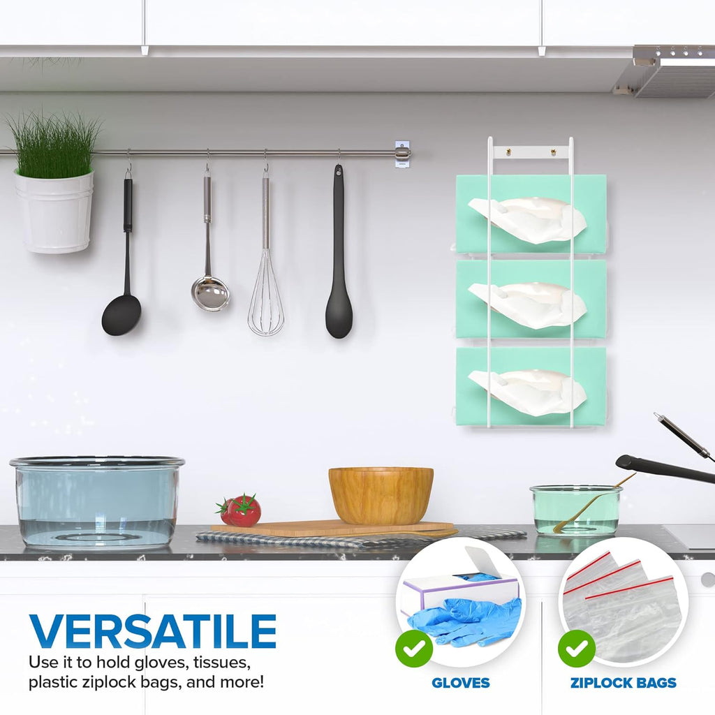 Stock Your Home (White Metal Triple Gloves Dispenser, Tissue Box Shelf, Glove Box Holder Wall Mount, For Kitchen, Cleaning Closet, Lab, Exam, or Office