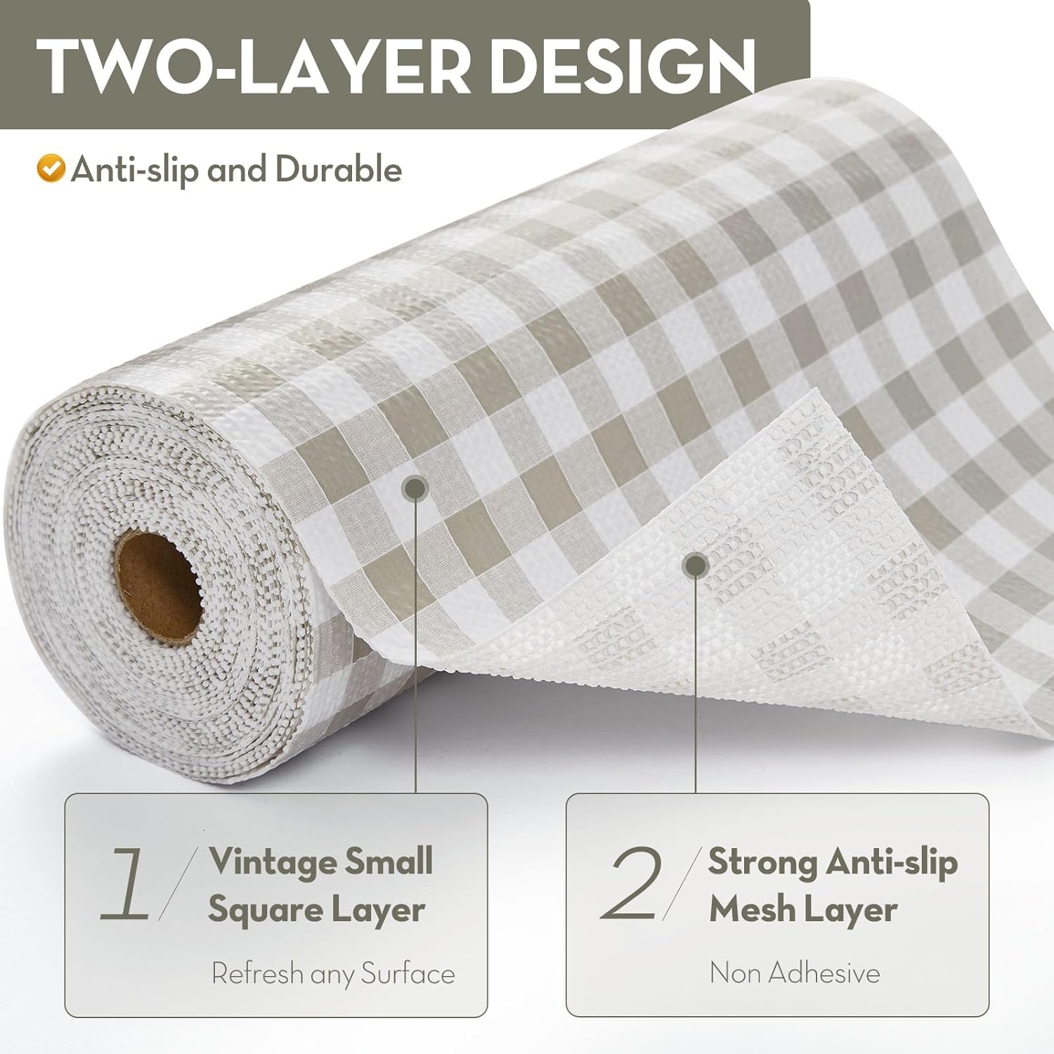 Drawer Shelf Liner, Non-Slip Kitchen Cabinet Liners Non-Adhesive Thick Strong Grip Waterproof Mats Protect Dresser Shelves Cupboard Bathroom Cabinets, Green Plaid, 23.6 in X 30 FT