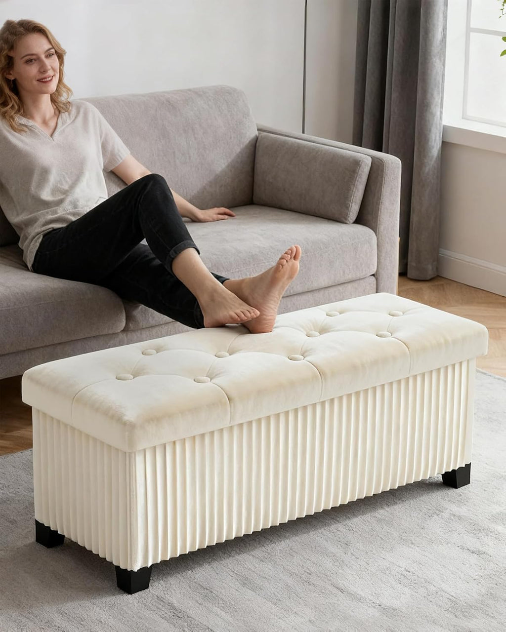 Storage Ottoman Bench, 43 Inch Foldable Ottoman with Legs, Velvet Foot Rest Stool, End of Bed Bench, Storage Chest for Living Room, Bedroom (Beige)