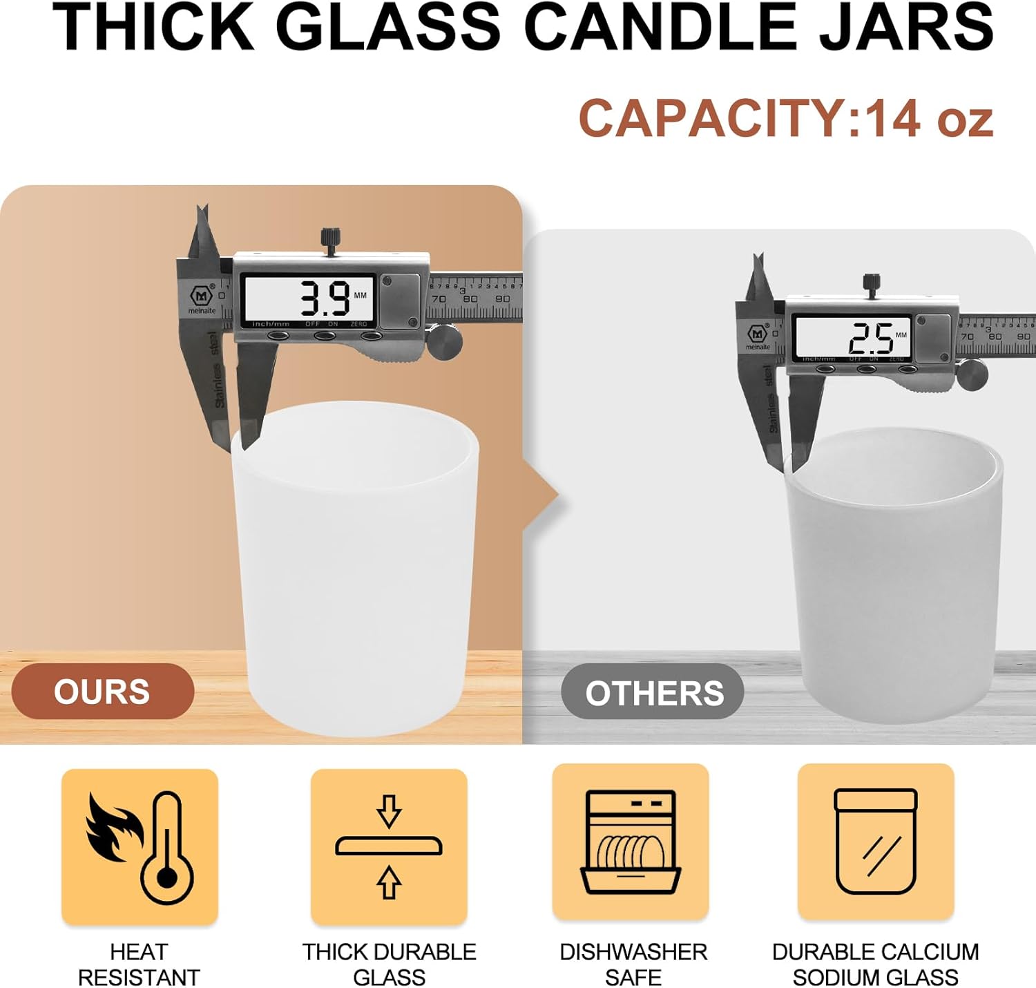 SHOWIN 14 OZ Thick Candle Jars for Making Candles 12 Pcs, 3 Wick Empty Jars with Wood Lids for Candle Making, Sample Container,Matte White
