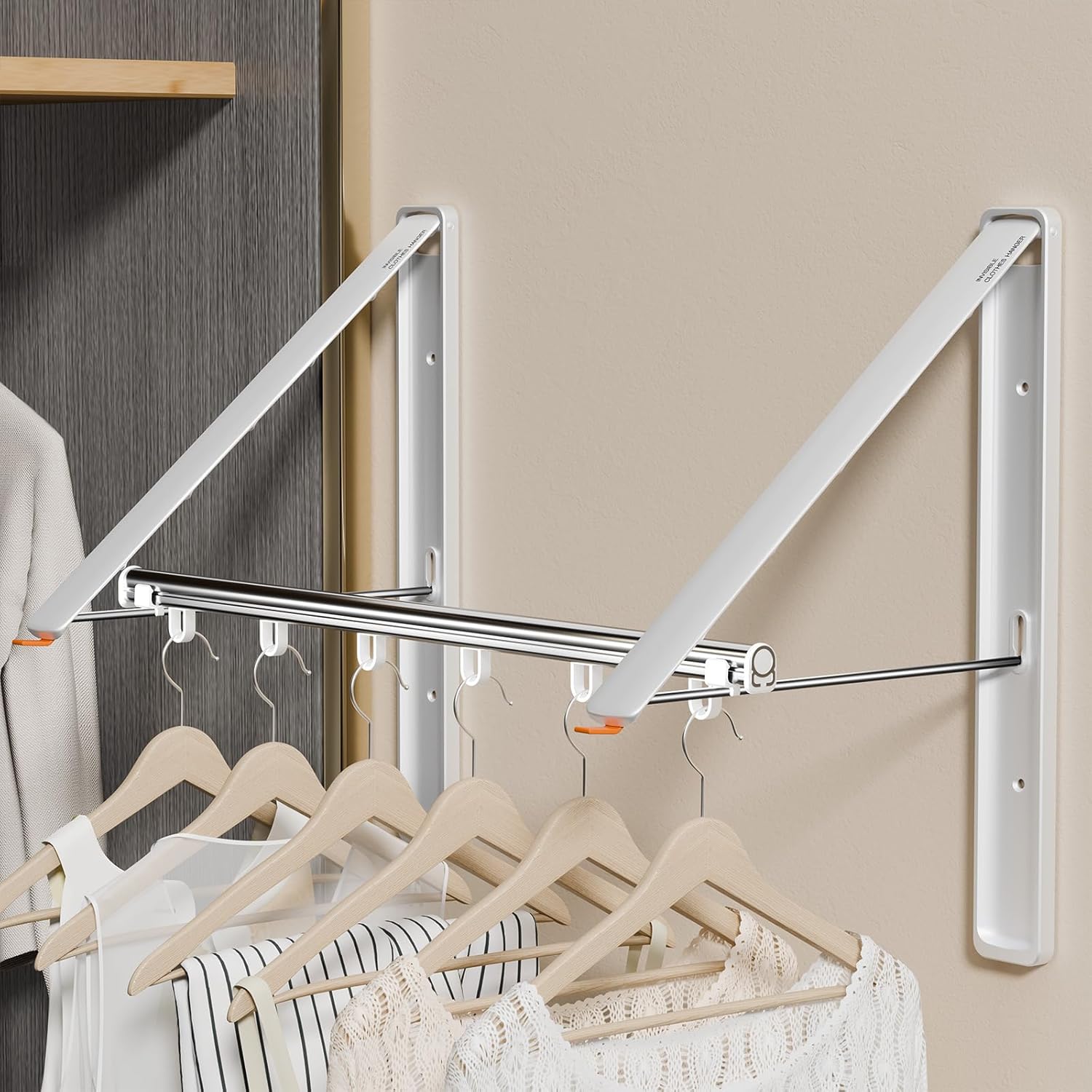 Clothes Drying Rack Retractable, Wall Mounted Clothes Hanger Rack for Laundry Room, Laundry Drying Rack with Clothes Rod Space Saving Closet Organizer Aluminium (White, 2P)