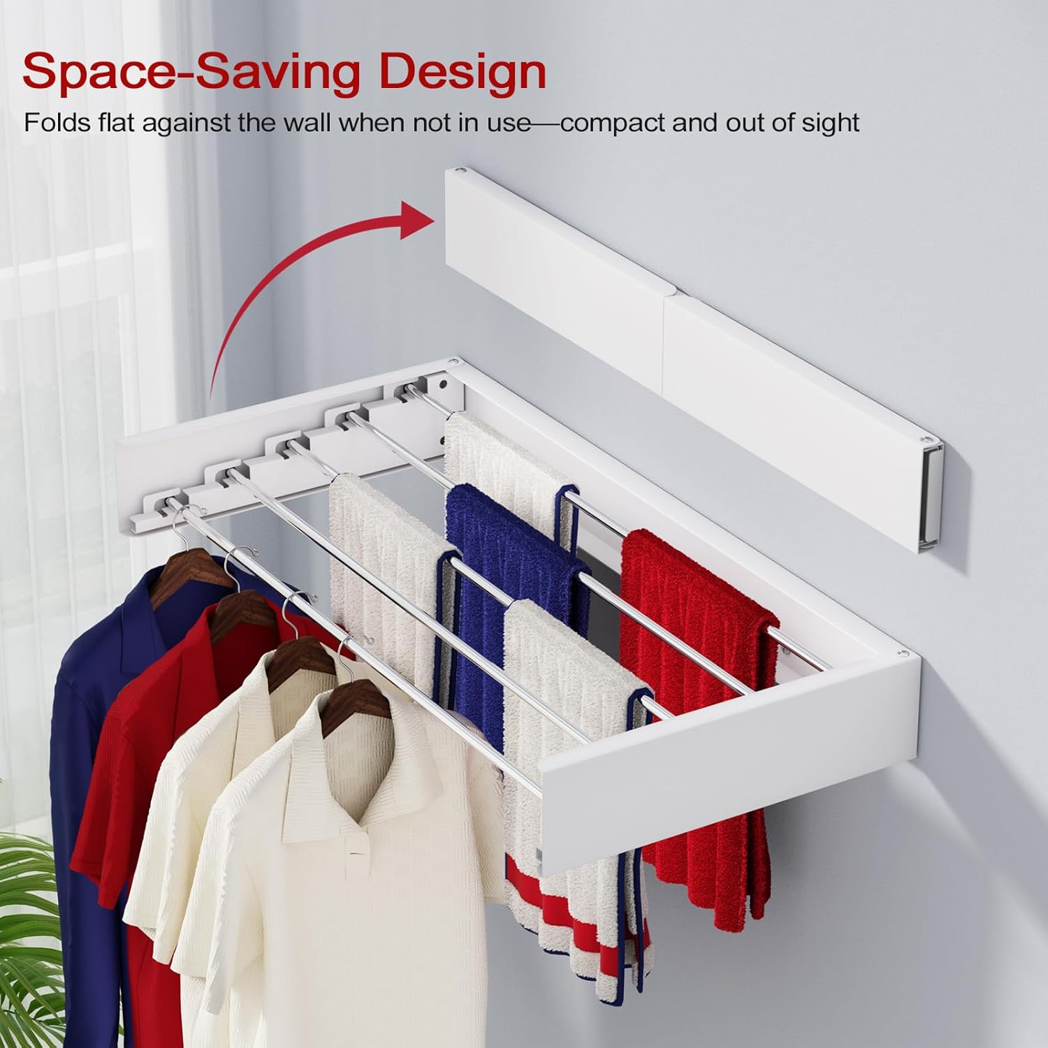 Wall Mounted Drying Rack 31.5", Foldable Laundry Drying Rack with Stainless Steel Rods, Retractable Laundry Space Saver for Indoor & Outdoor Use, Include Wall Template