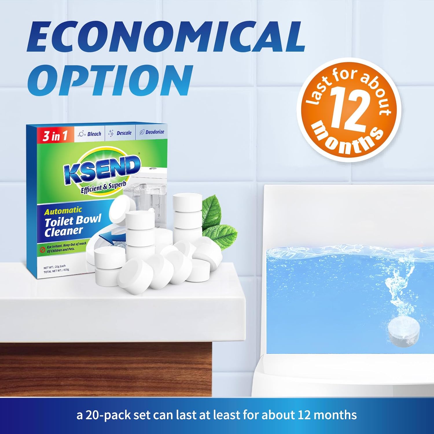 Toilet Bowl Cleaner Tablets - 40 PCS Automatic Bleach Toilet Cleaner Tablets, Slow-Releasing Deodorizing & Descaling, Powerful Bathroom Tank Cleaner