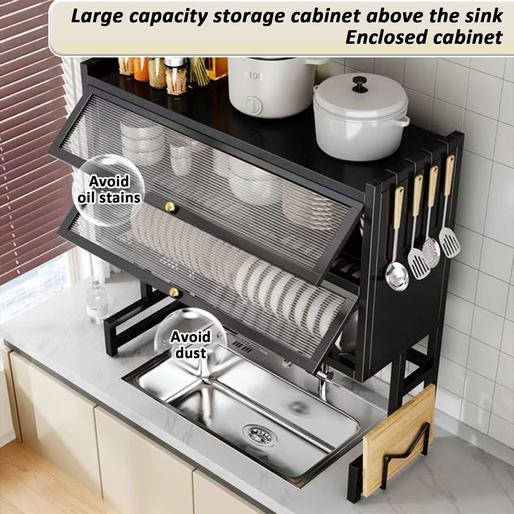 Over The Sink Dish Drainer Drying Rack 4 Tiers with Cover, Keep Kitchen Sink Shlef Organized Space-Saving Dish Drying Rack, Large Drying Rack for Dishes, Glasses, Bowls, Cutlery W-29.5in