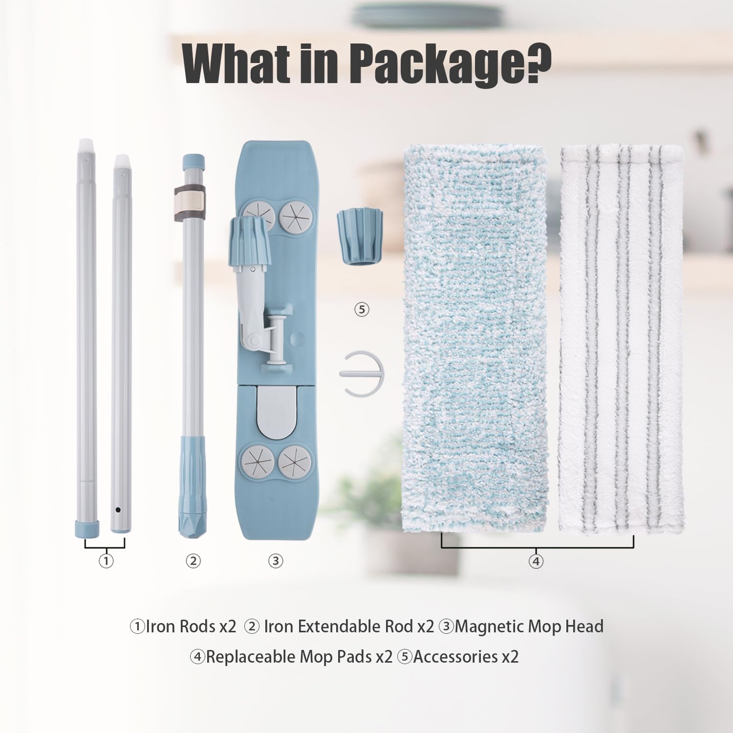 Dust Mop for Floor Cleaning,Magnetic Floor Flat Mop with 2 Washable Pads -Extendable 64‘’ Iron Handle for Hardwood Tile Marble Laminate Floors,Blue&Gray