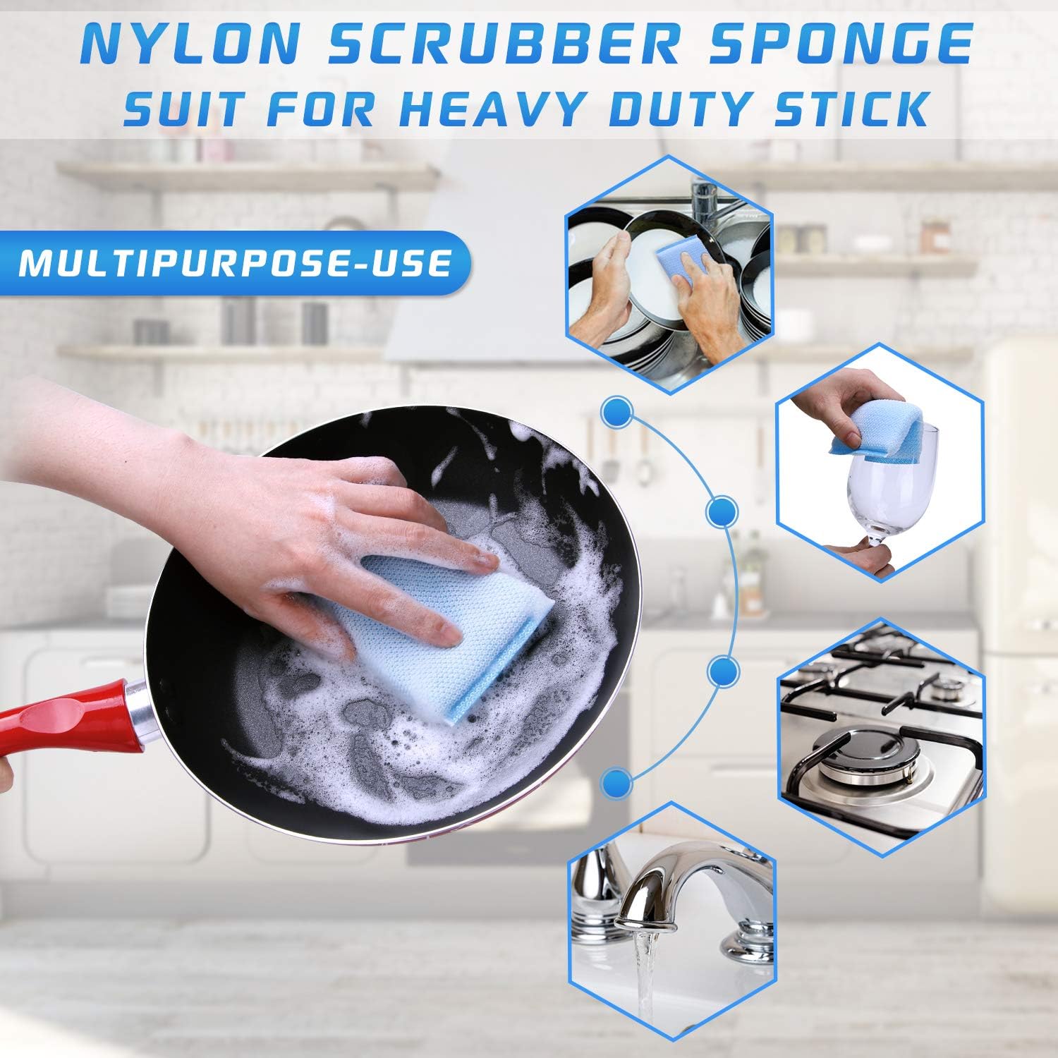 Nylon Cleaning Scrub Pad 12 Pack,Long-Lasting and Reusable Dishwashing Sponge,All-Purpose Scouring Pads Sponge for Kitchen,Bathroom