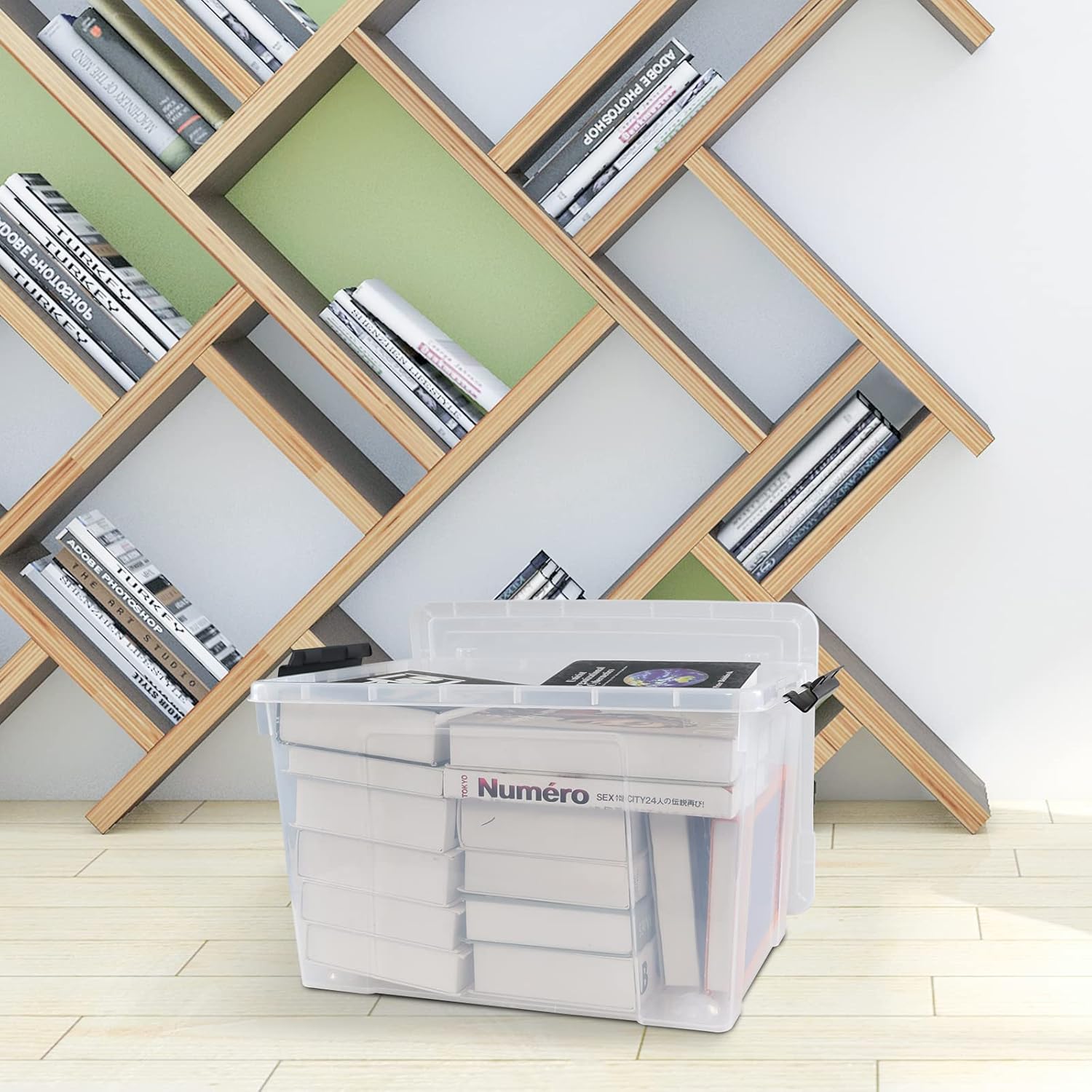 4 Pack Clear Storage Latch Bin with Lid, 34 L Plastic Wheeled Storage Box