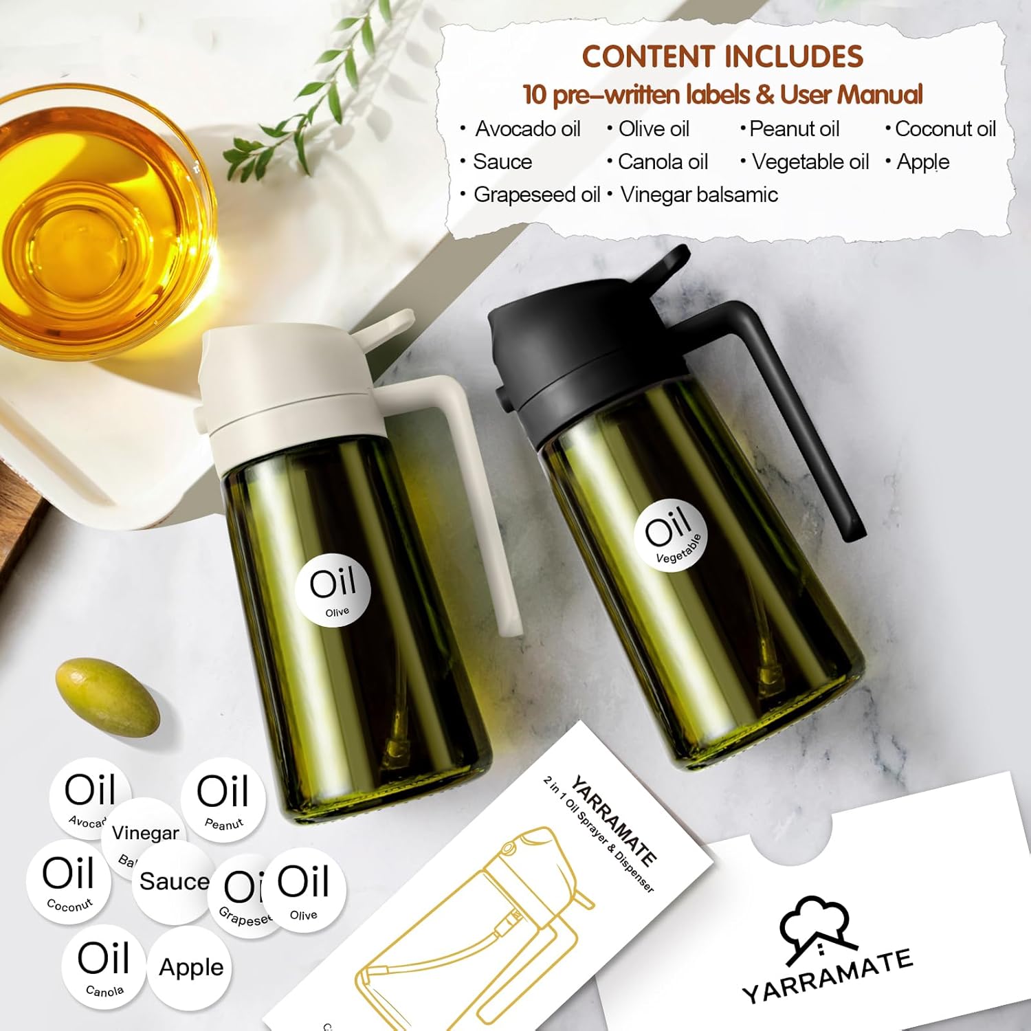 YARRAMATE 16oz/470ml Light-Blocking Dark Oil Sprayer for Cooking, 2 in 1 Olive Oil Dispenser Bottle for Kitchen, Premium Dark Green Glass Oil Bottle, Food-Grade Oil Mister for Air Fryer, BBQ (White)