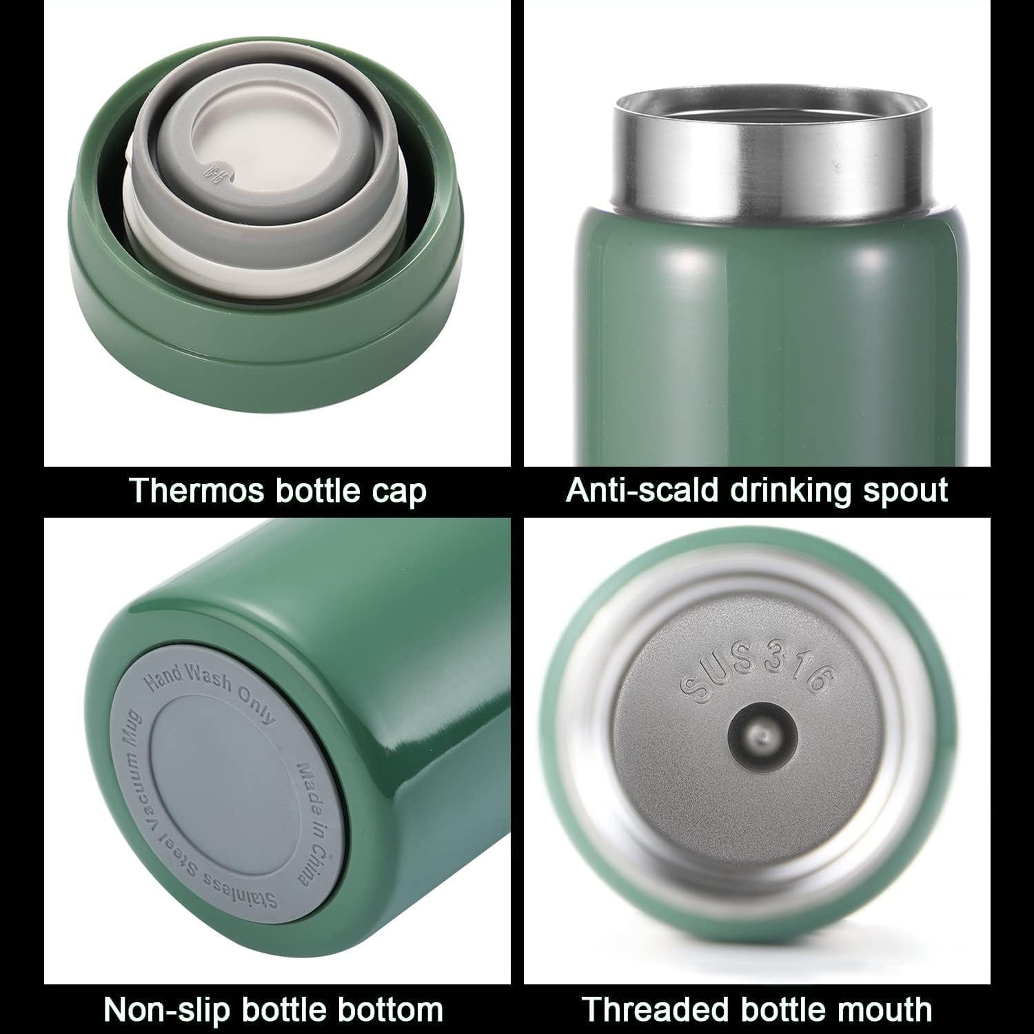 10oz Mini Water Bottle Stainless Steel Thermos Small Flask - Insulated Vacuum, Leak Proof, Keeps Drinks Hot/Cold - Ideal for Coffee, Tea, Water - Green