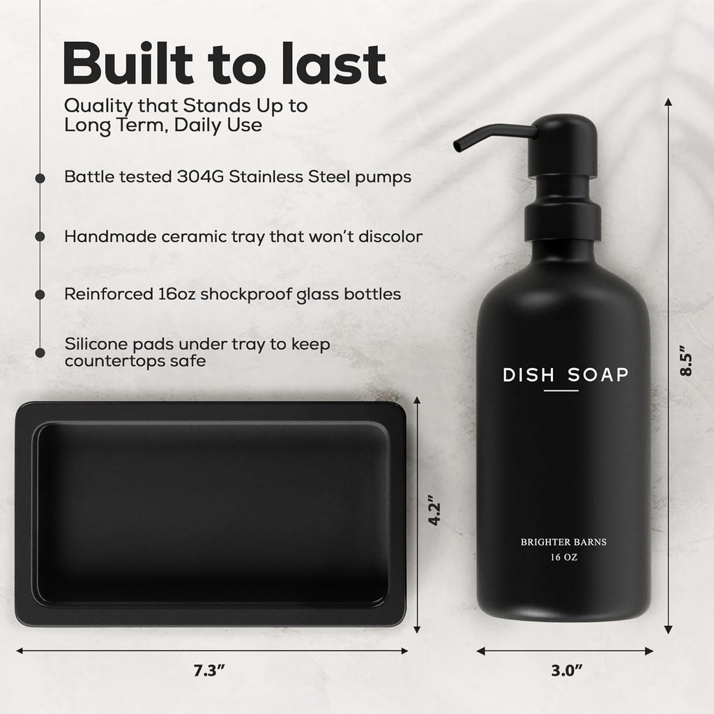 Black Glass Hand and Dish Soap Dispenser Set by Brighter Barns - Kitchen Soap Dispenser Set with Tray for Home, Airbnb, Vacation Rental, Gift - Minimalist Home Decor, Modern Kitchen Decor (Black)