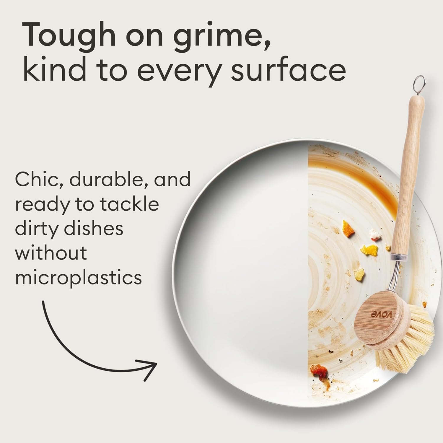 Vove Bamboo Dish Brush, FSC-Certified - Includes 3 Replacement Heads - Natural Fiber Bristles - Non-Toxic, Plastic-Free - Scrub Brush for Pots, Pans & Dishes