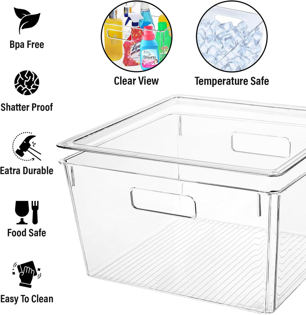 Extra Large Stackable Clear Plastic Storage Bins with Lids, Perfect for Kitchen Organization or Pantry Organization and Storage, Fridge Organizer Bins for Organizing, Under the Sink Organizers