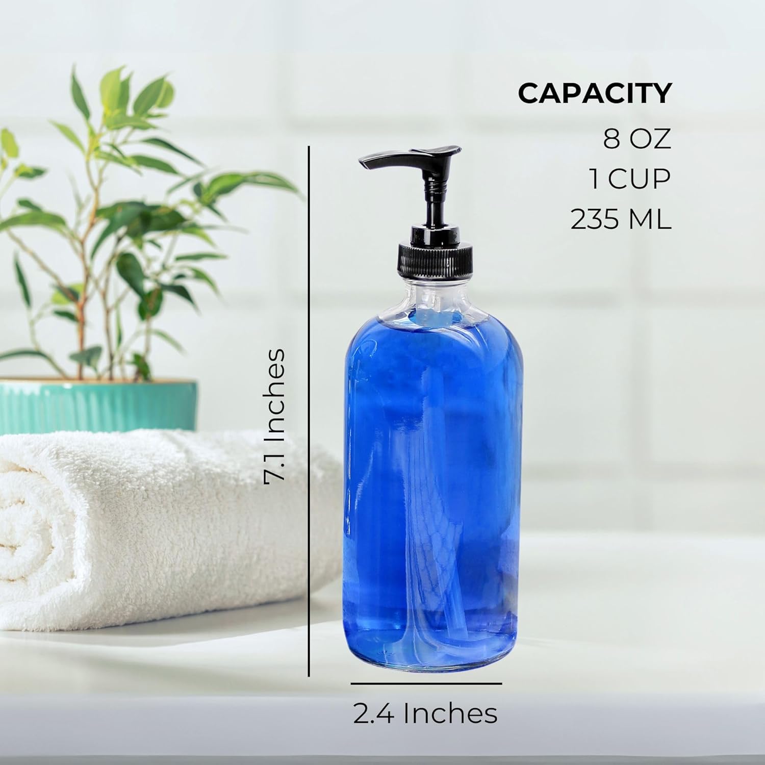 Cornucopia Brands 8oz Clear Glass Pump Bottles (4-Pack w/Black Plastic Pumps), Great as Essential Oil Bottles, Lotion Bottles, Soap Dispensers, and More